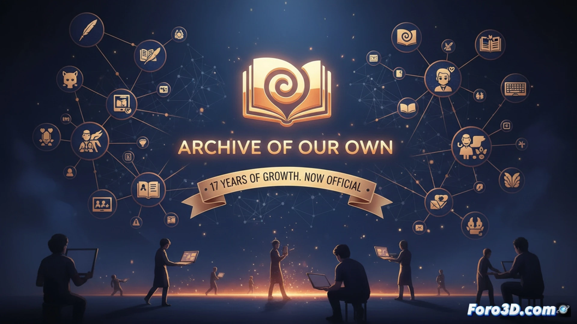 Una laptop muestra la página principal de AO3, con el logo y el mensaje oficial de que abandona la fase beta tras 17 años.