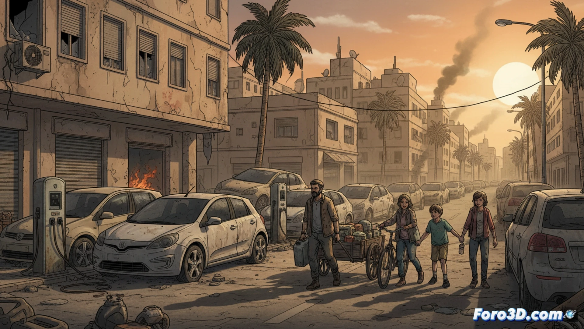 Una ciudad ibérica a oscuras, con coches eléctricos varados en carreteras vacías bajo un cielo nocturno sin luces.