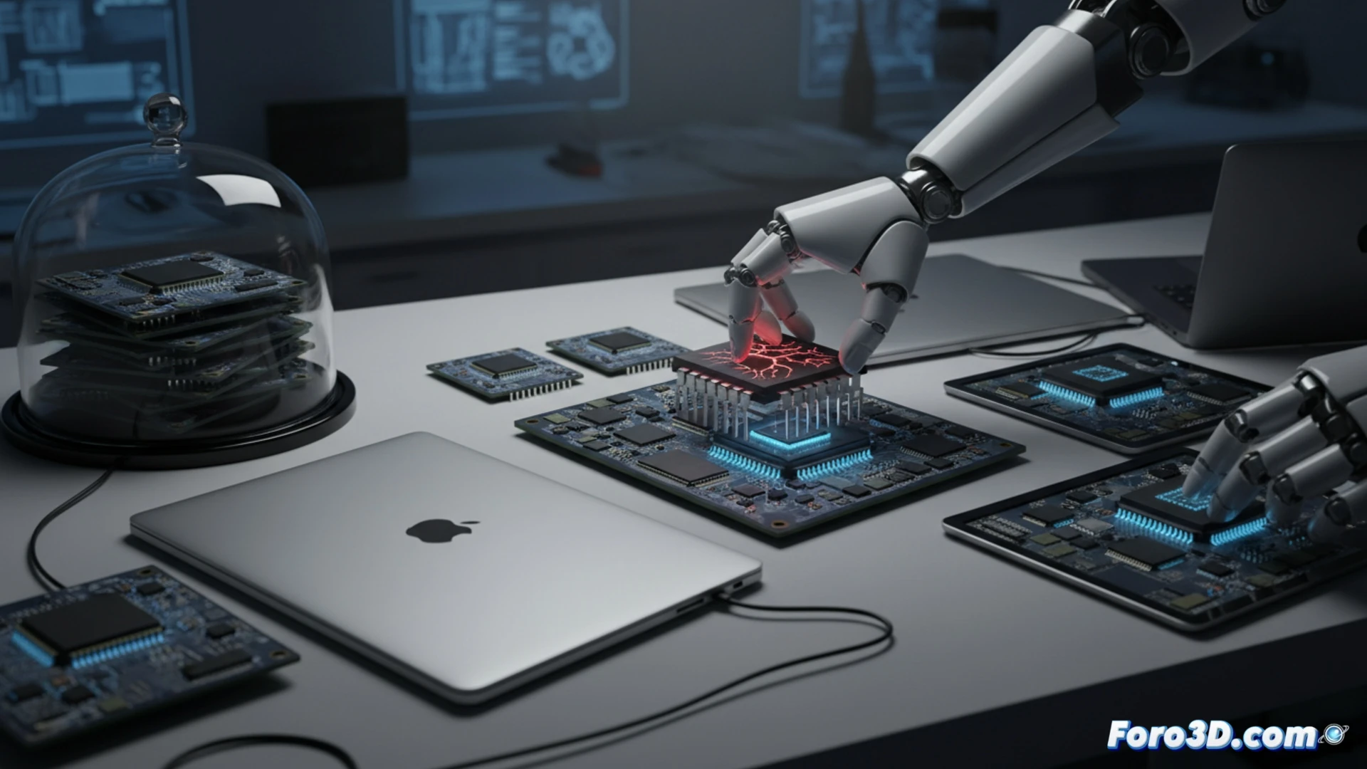 Una línea de montaje de Apple reutiliza chips con marcas de fallo para su portátil barato, mostrando núcleos inactivos en rojo.