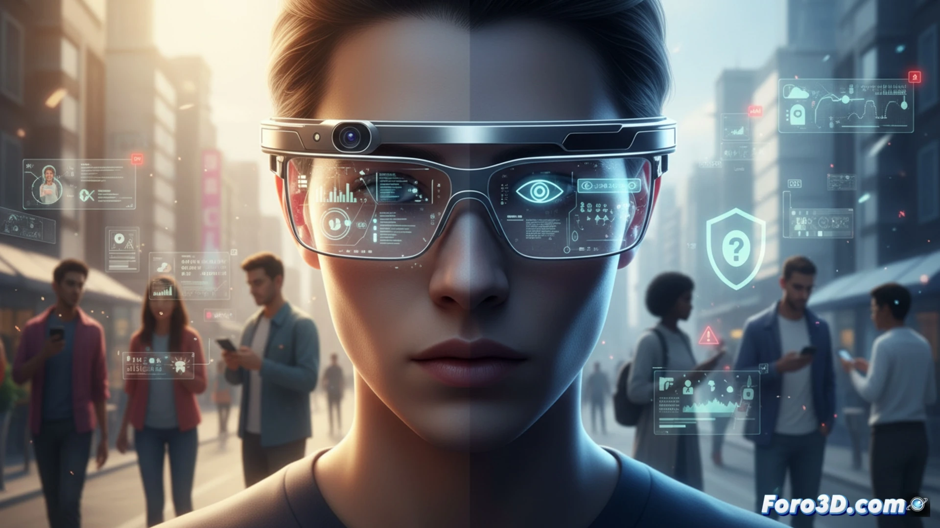 Una persona con gafas inteligentes de Apple mira a su alrededor, mientras iconos de datos flotan discretamente en el aire circundante.