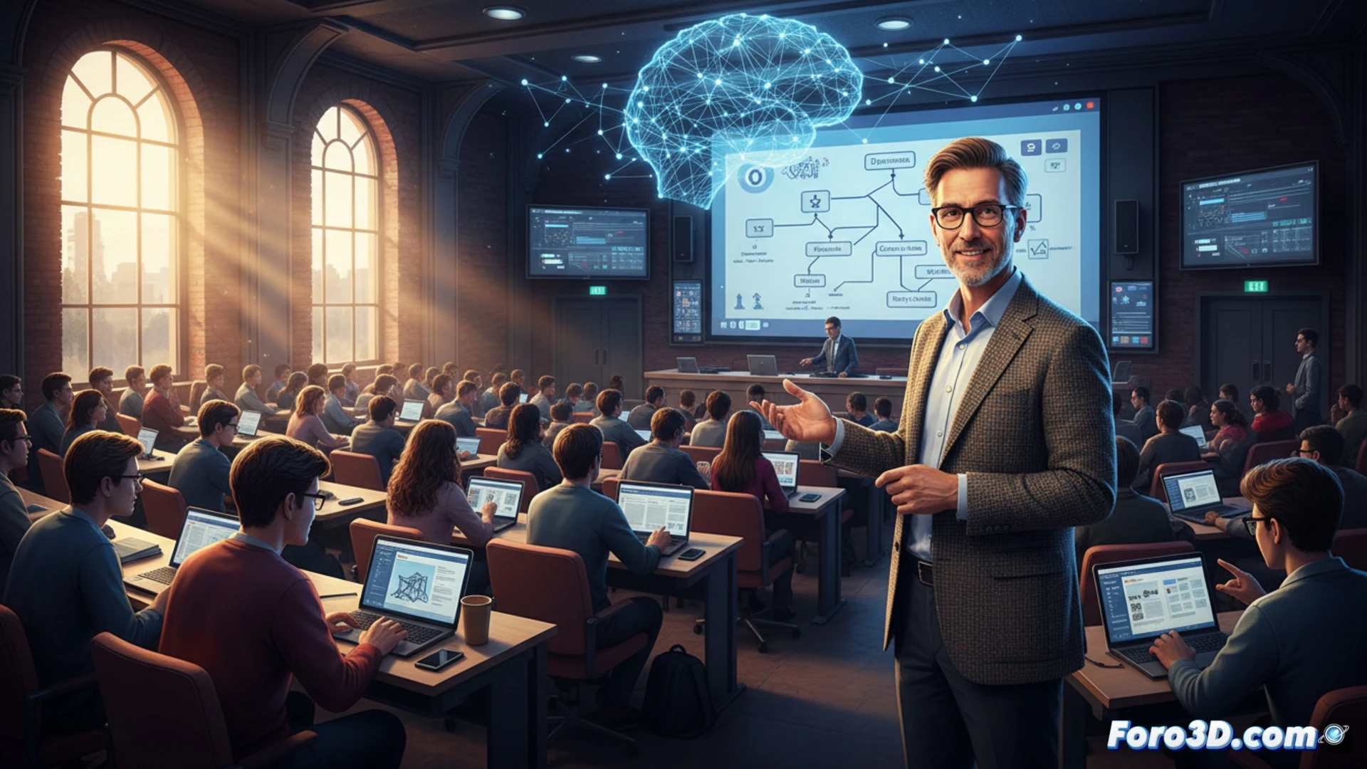 Un profesor explica ecuaciones en una pizarra digital mientras estudiantes resuelven ejercicios en grupos pequeños y tablets, con un calendario semanal visible al fondo.