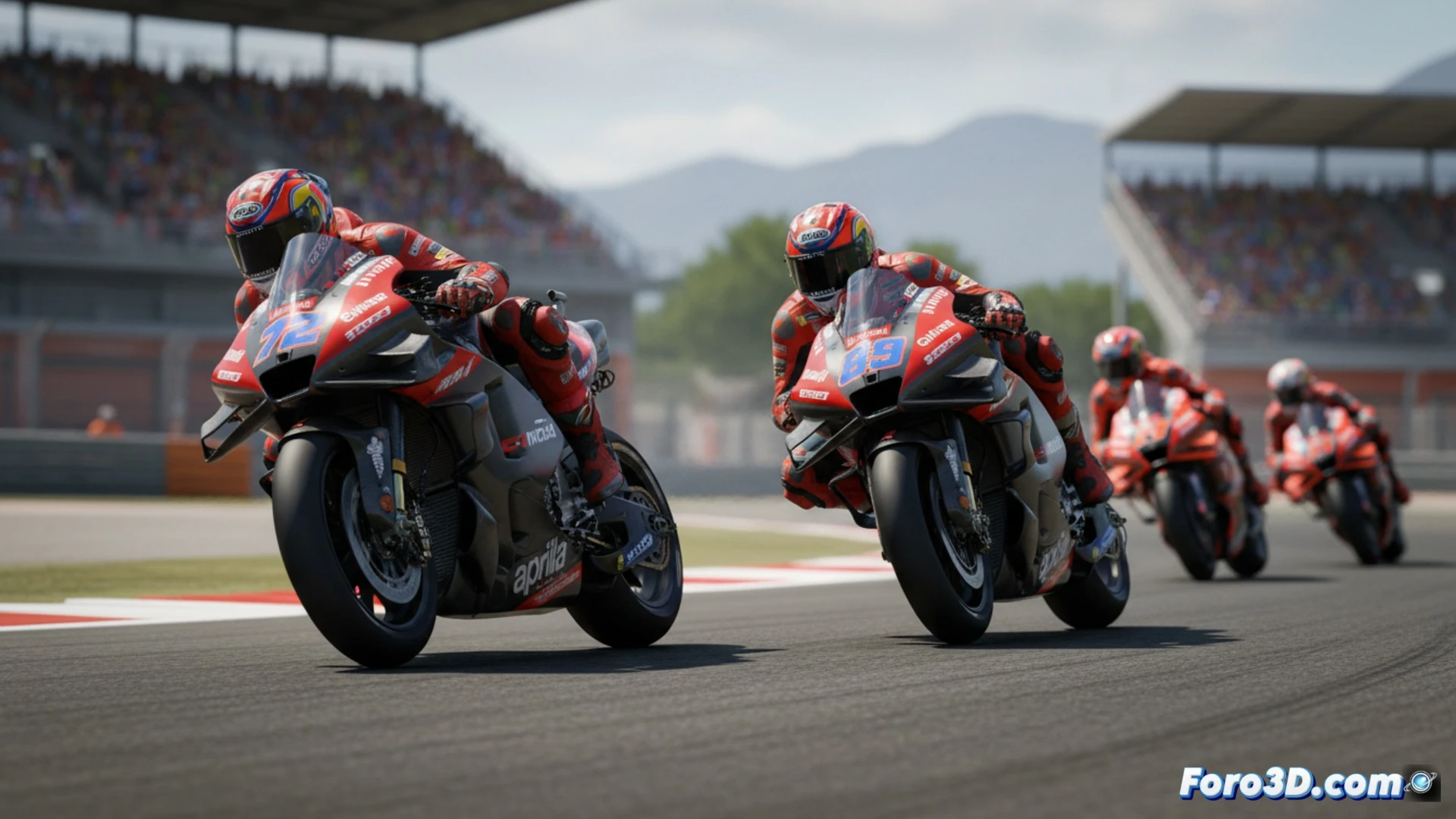 Aprilia RS-GP26 liderando en curva, con su aerodinámica distintiva y neumáticos en perfecto estado.