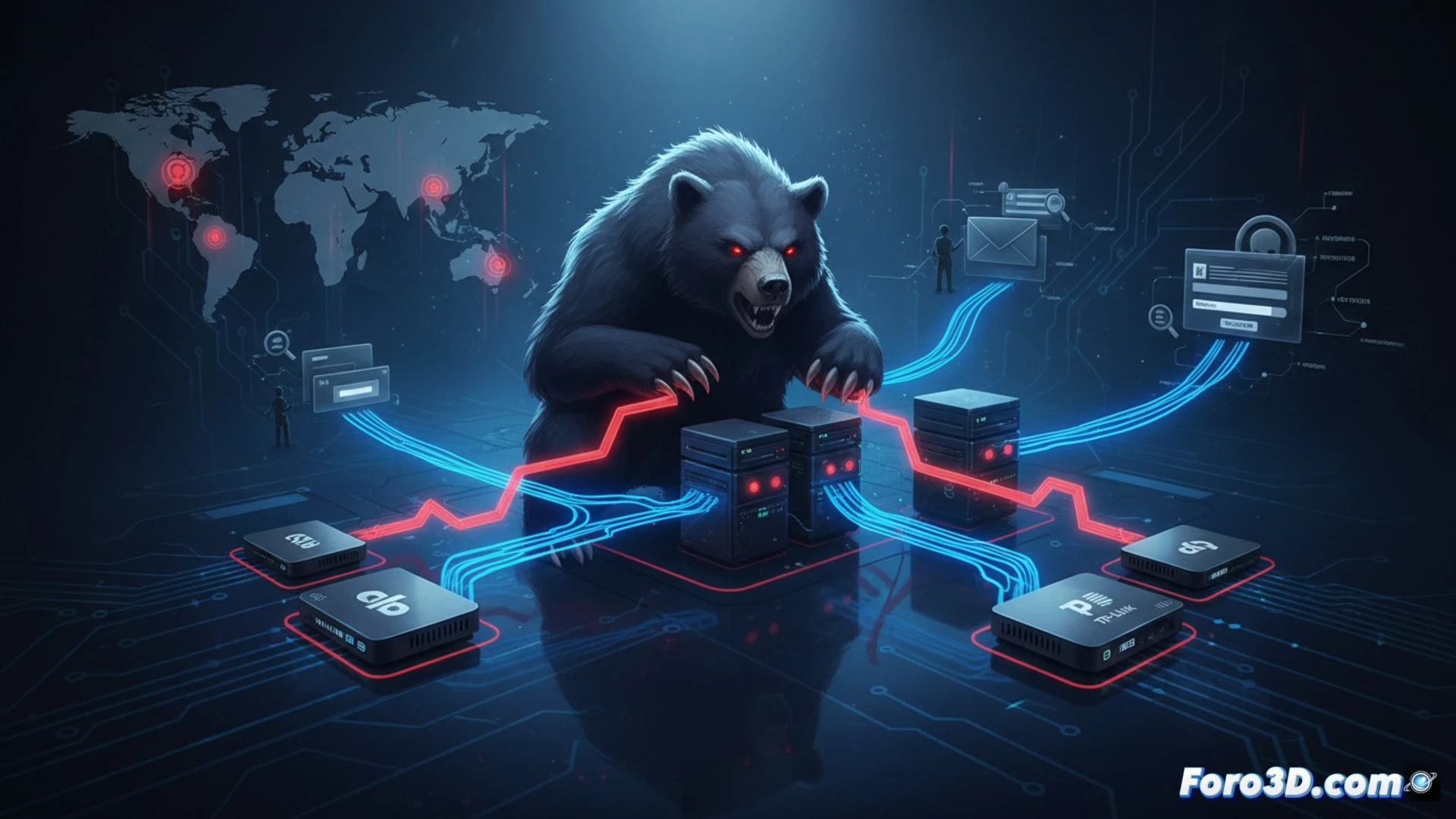 Router doméstico con un candado roto y líneas de red rojas que se extienden hacia un mapa mundial.