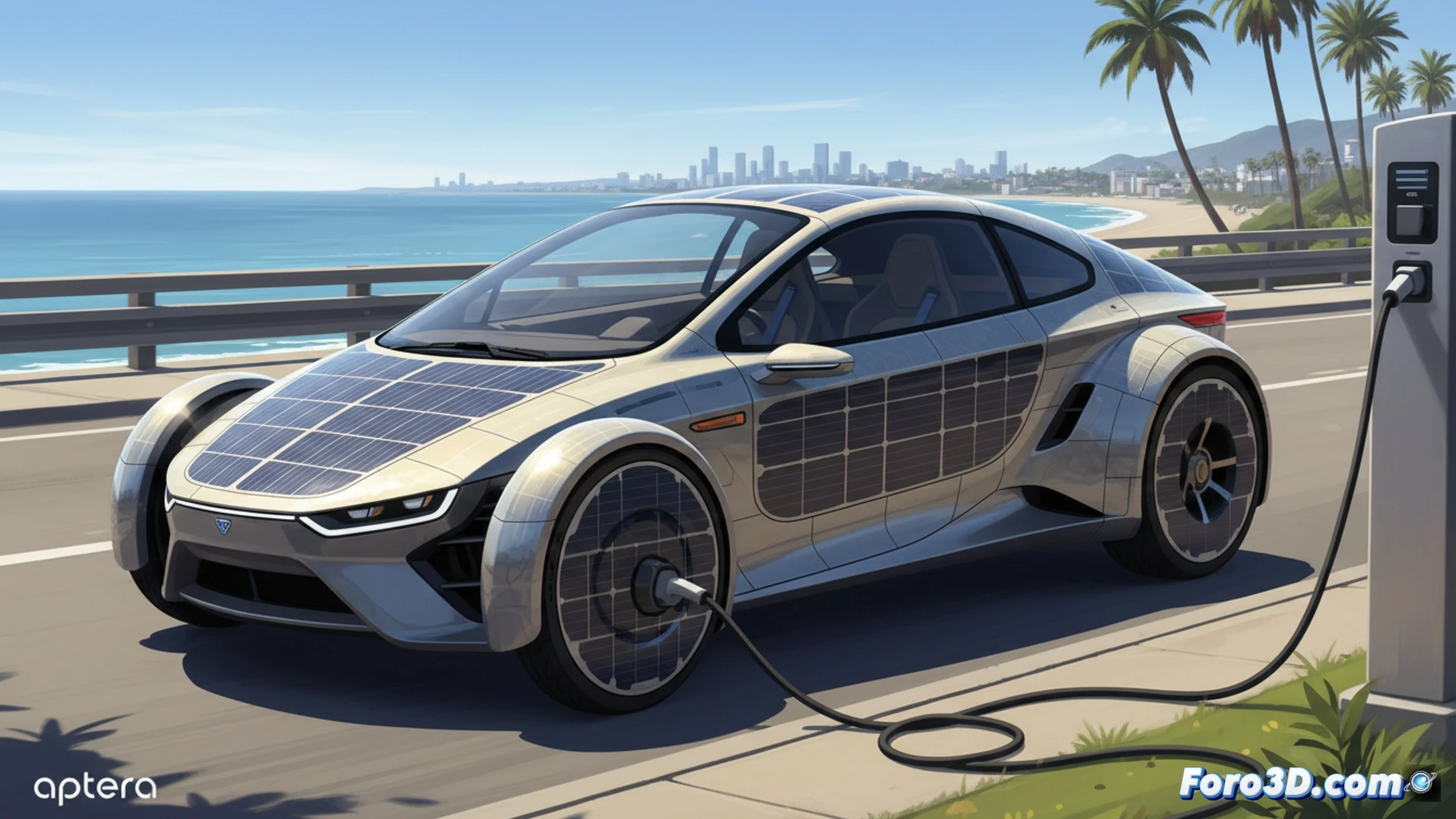 Un triciclo eléctrico aerodinámico con paneles solares, estacionado en una calle urbana soleada.