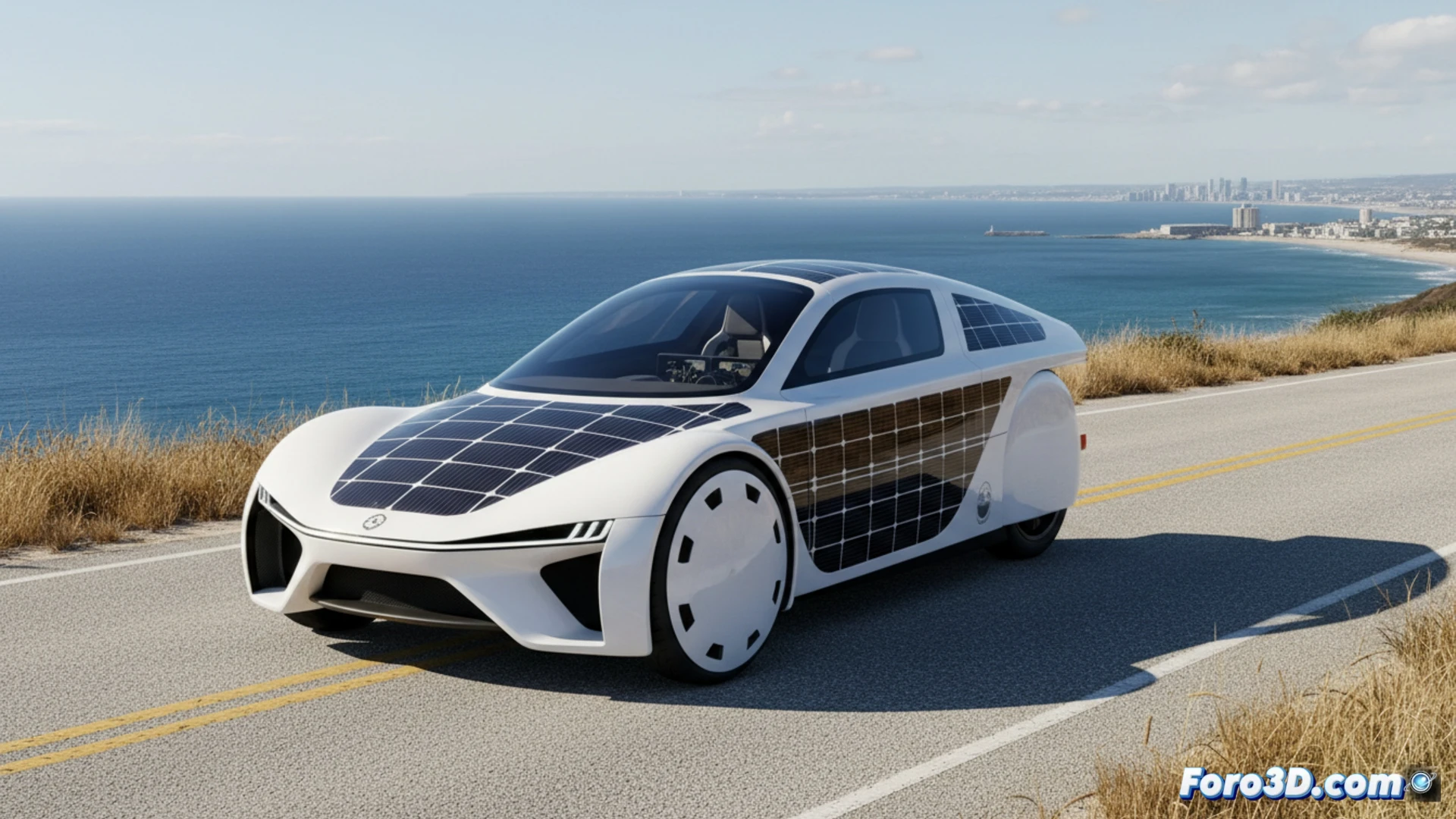 Render 3D del Aptera Solar, mostrando su forma aerodinámica extrema y la integración de paneles solares en la carrocería.