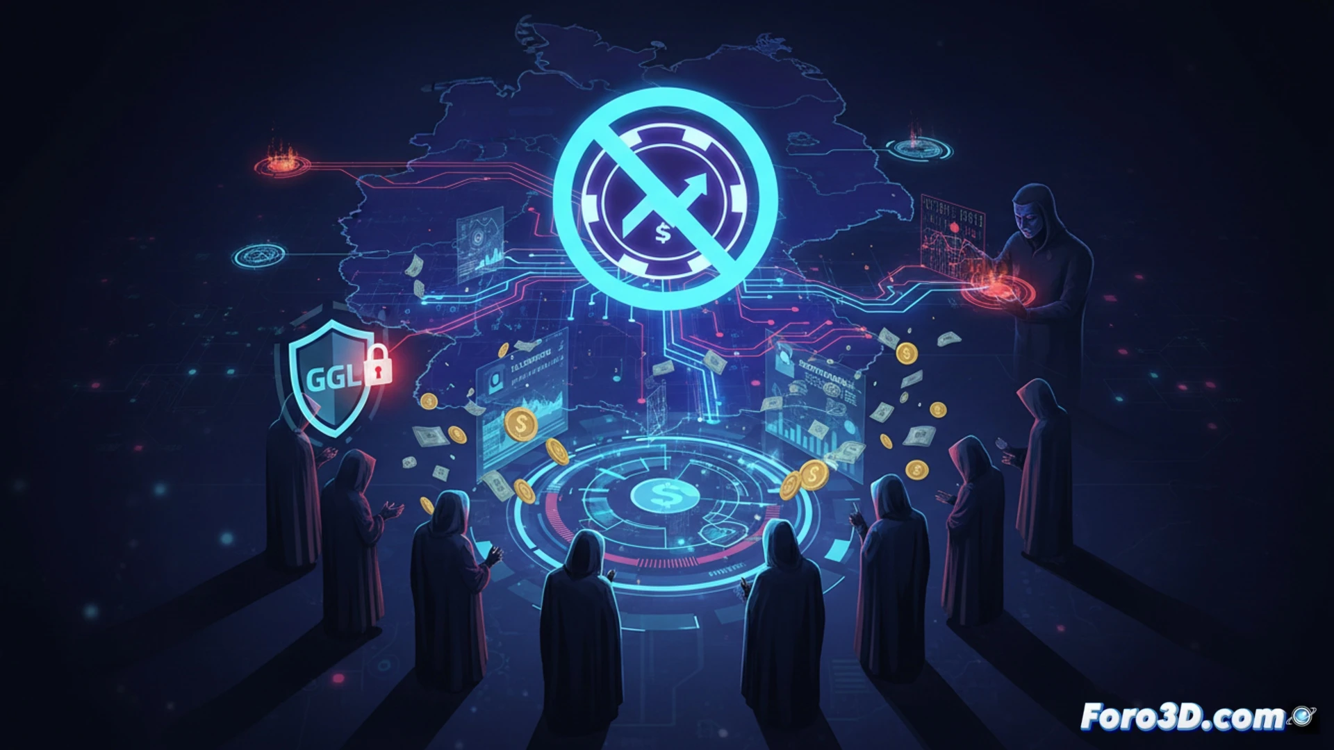 Una pantalla muestra un mapa de Alemania con gráficos de apuestas políticas sobrepuestos en colores opacos, mientras símbolos de cadenas de bloques y candados flotan en un fondo digital.