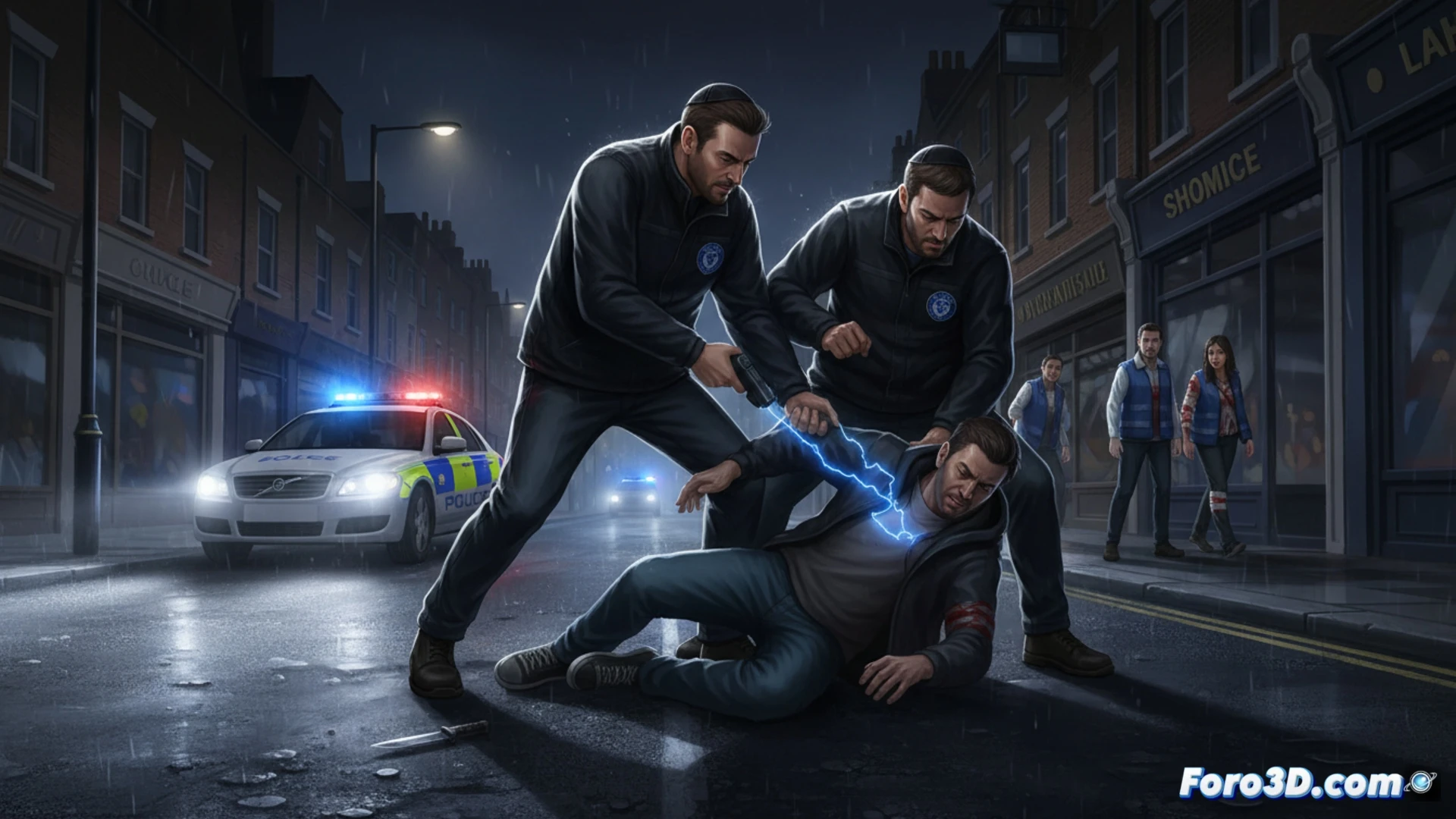 Un agente de Shomrim retiene a un sospechoso armado con cuchillo en Golders Green Road, mientras voluntarios asisten a dos heridos y un policía apunta con un taser.