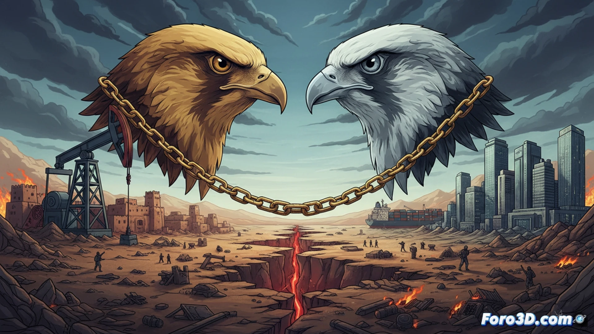 Dos líderes árabes se estrechan la mano con frialdad, un mapa de Yemen de fondo dividido por sombras de intereses opuestos.