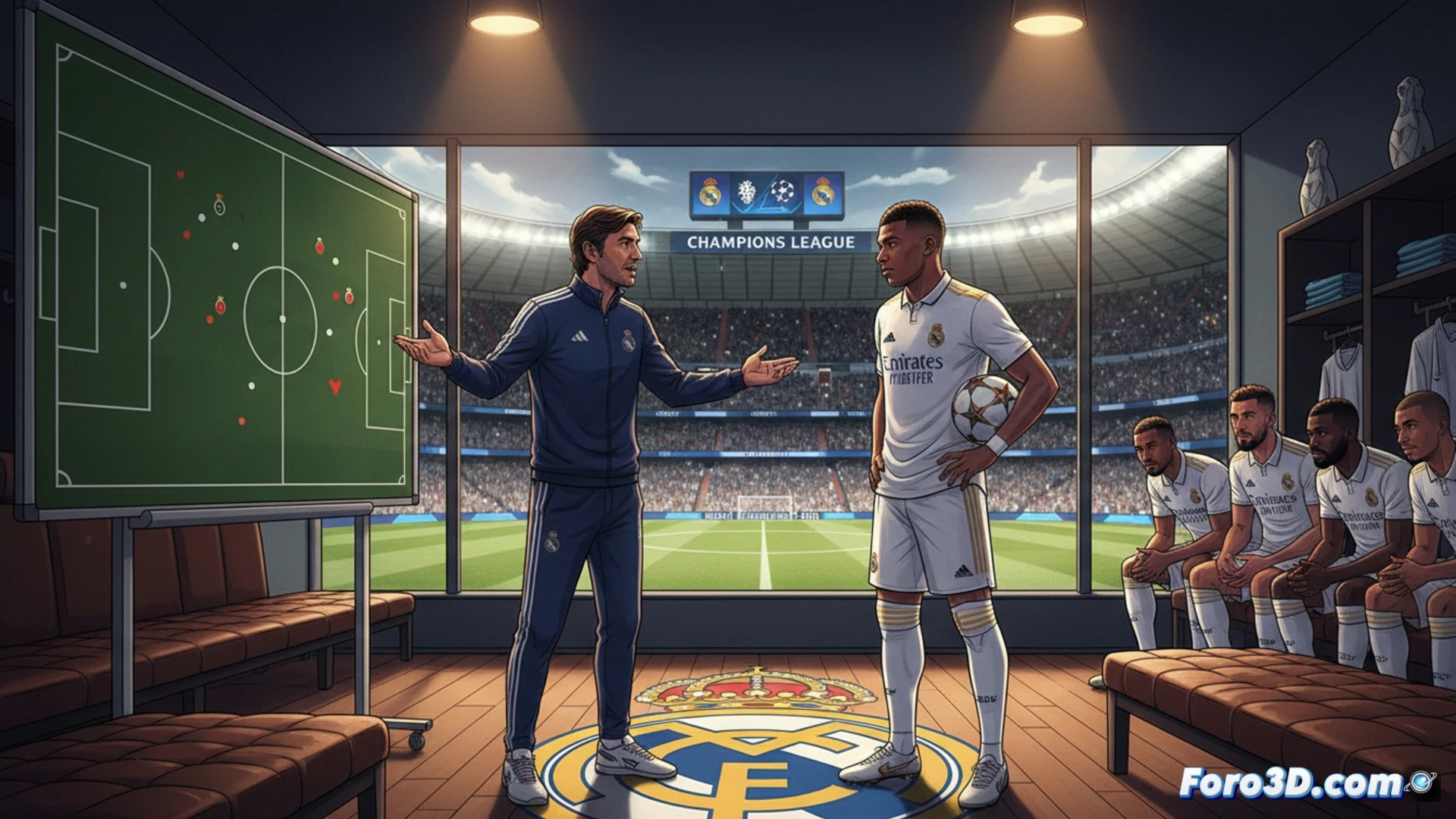 Arbeloa, con Mbappé de fondo, habla en rueda de prensa antes del partido contra el Bayern.