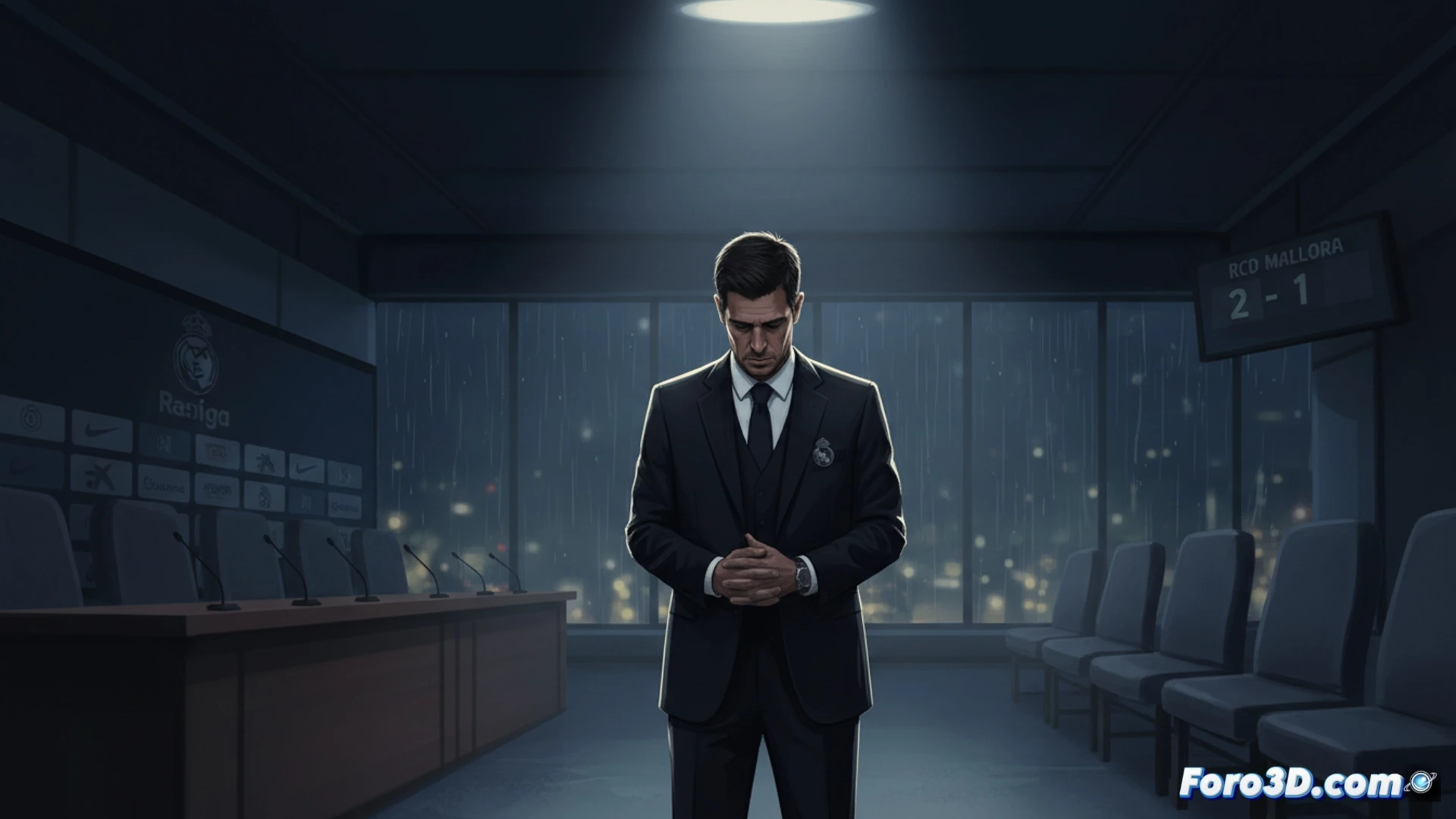 Arbeloa, serio, en rueda de prensa asumiendo la derrota. Fondo con logotipo del Real Madrid, expresión de responsabilidad.