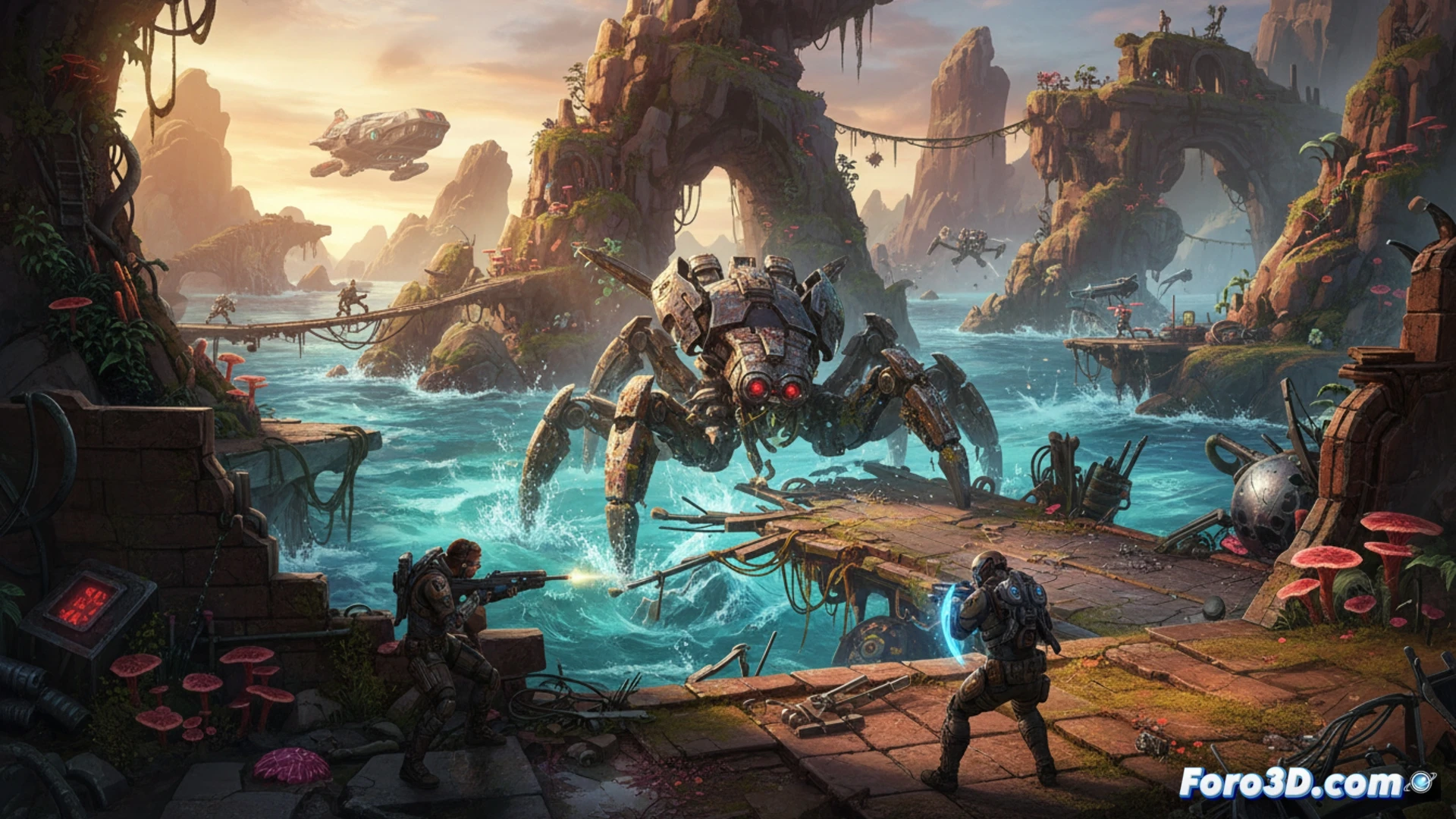 Un mapa cyberpunk con un enorme ARC robótico emergiendo, mientras la PS5 Pro muestra gráficos mejorados.