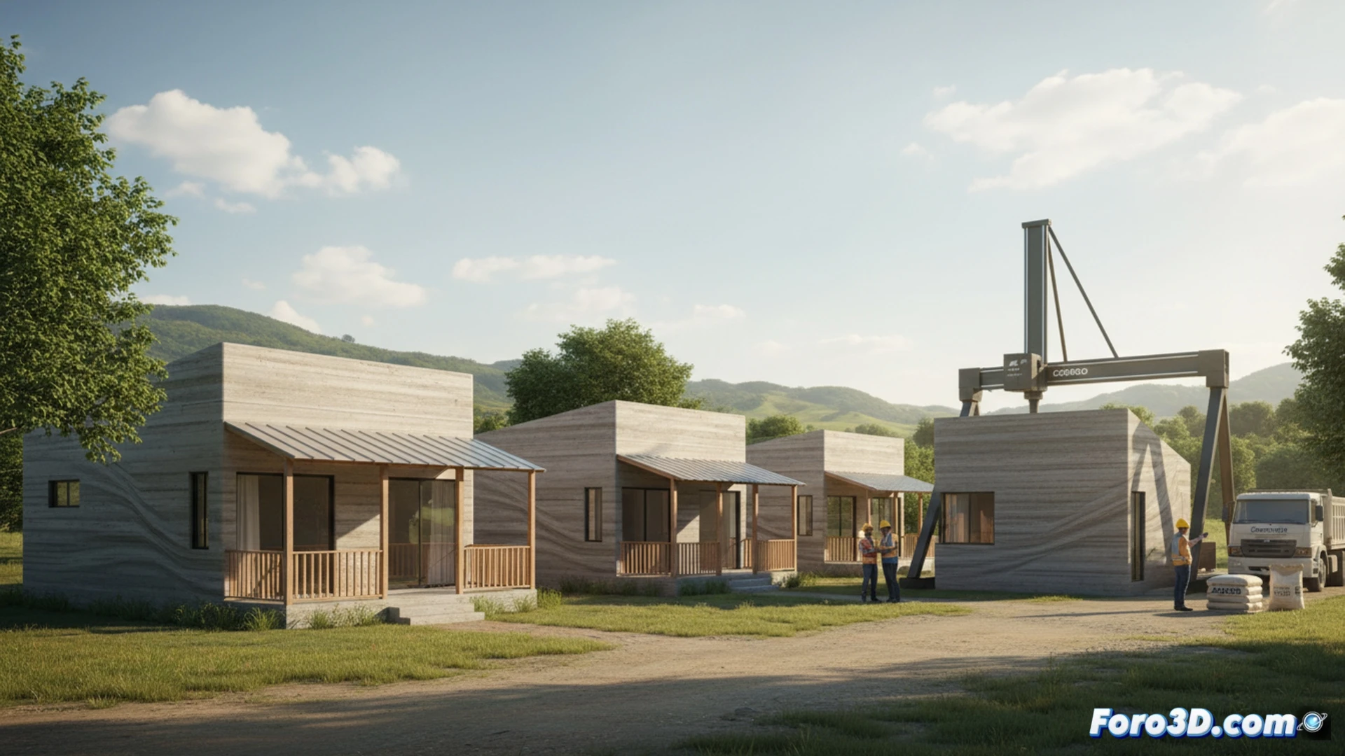 Descripción de imagen: Fachada de casa impresa en 3D, blanca, con techo gris, porche y jardín. Dos dormitorios visibles desde exterior.