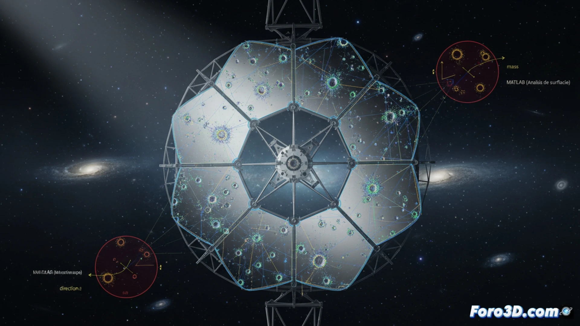 Modelo 3D de alta precisión de la superficie erosionada de un espejo de telescopio espacial, mostrando cráteres de impactos.