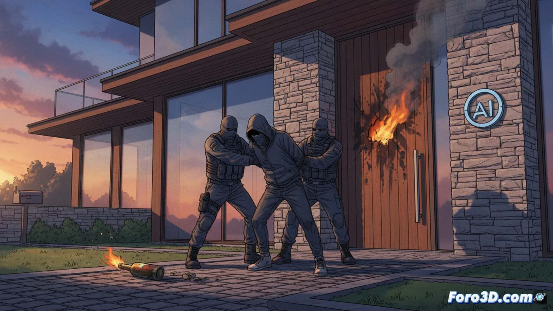 Una casa moderna con la puerta exterior carbonizada tras un ataque nocturno con cóctel Molotov.