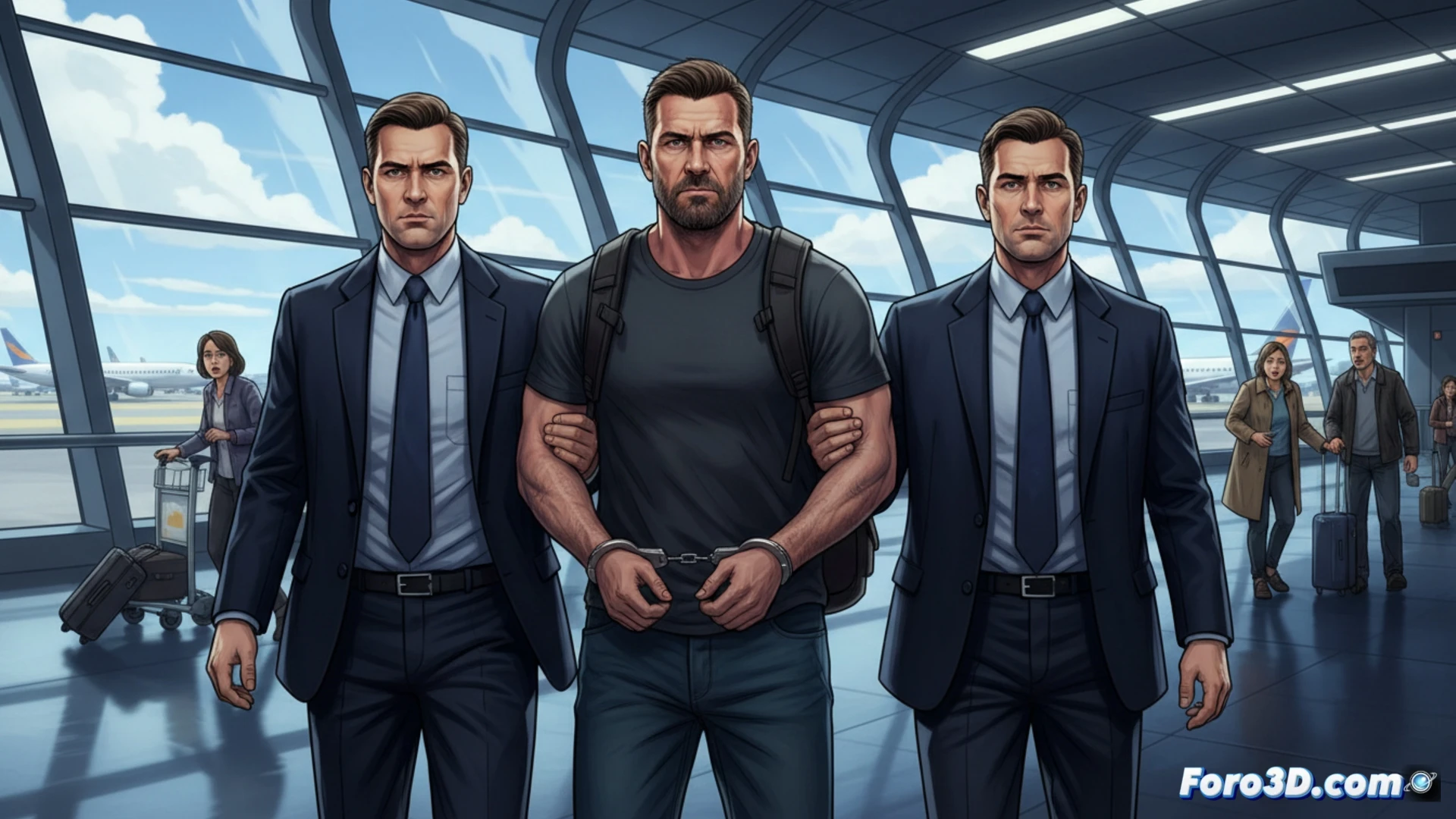 Un soldado condecorado esposado ante un avión, con policías federales australianos.