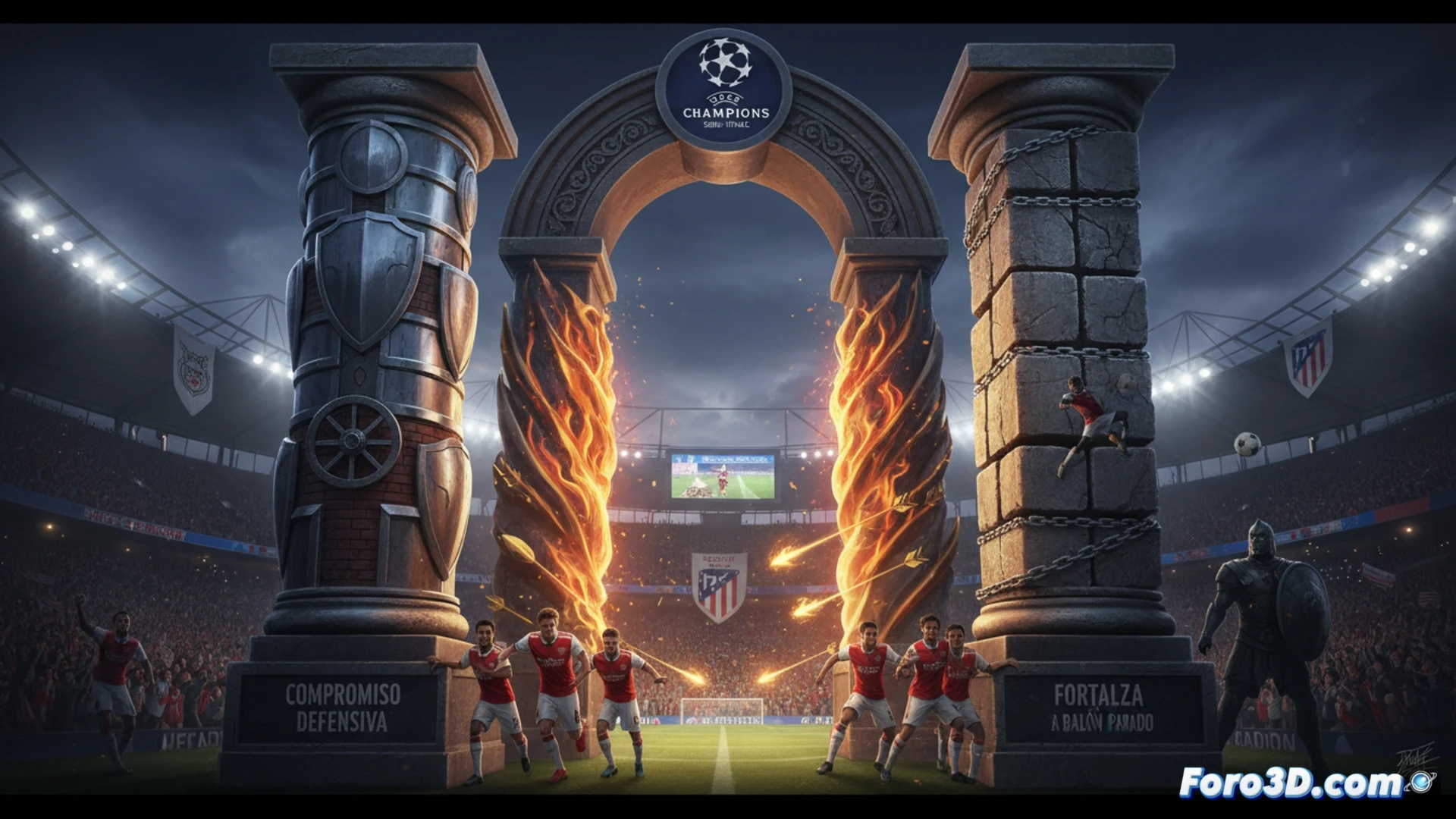 Un estadio en penumbra, dos escudos iluminados. Jugadores en tensión, balón detenido. Táctica y poderío aéreo definen el duelo.