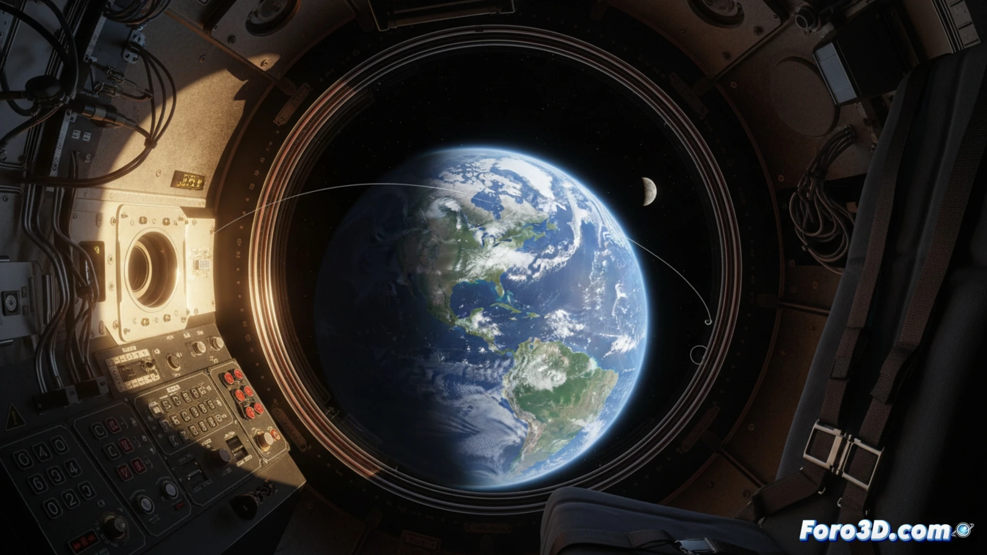 La nave Orion en trayectoria lunar, con la Tierra menguante y brillante en la oscuridad del espacio, vista desde su ventana.