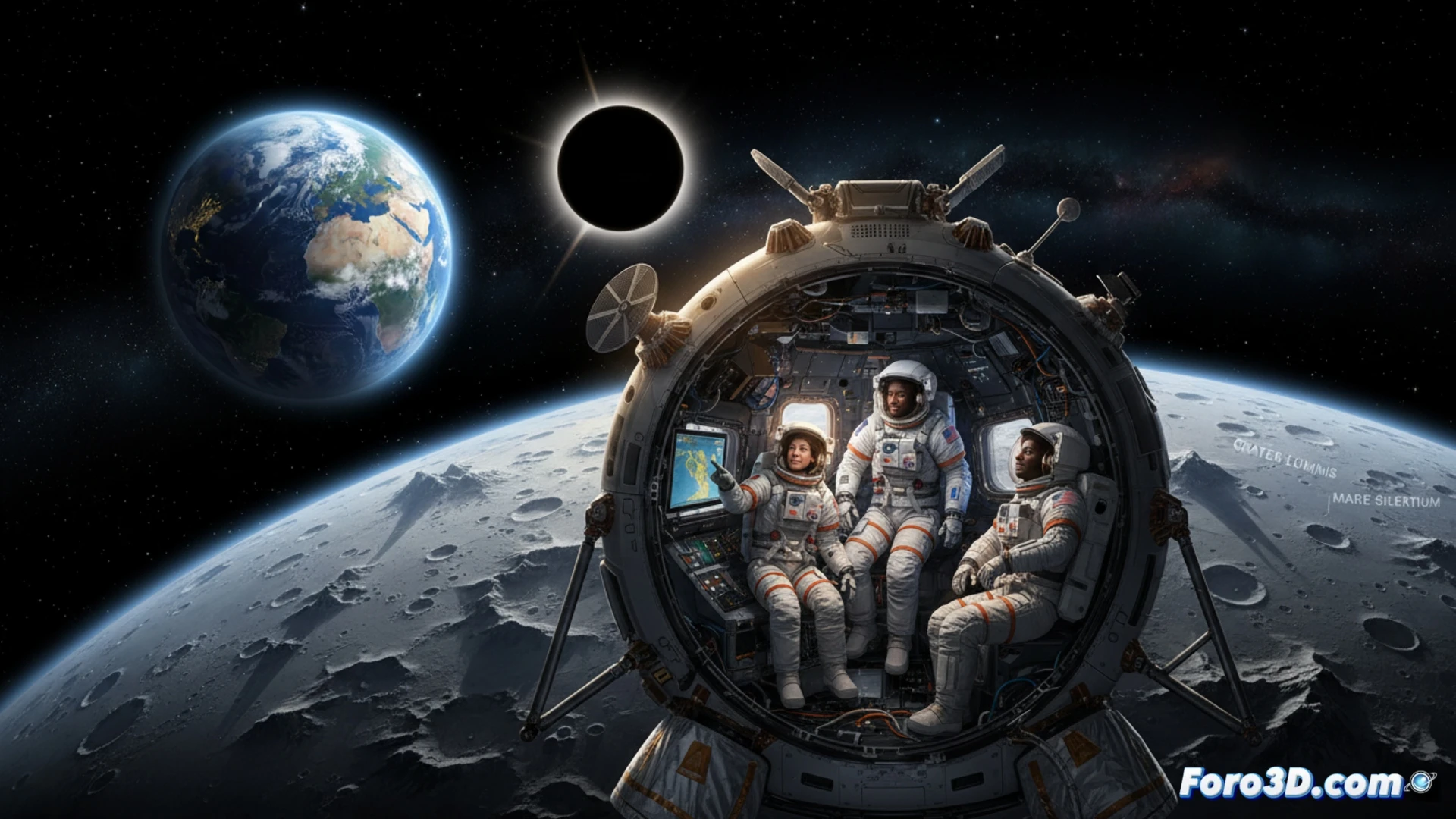 La cápsula Orión sobrevuela la cara oculta de la Luna, con la Tierra brillando a lo lejos en la oscuridad del espacio.