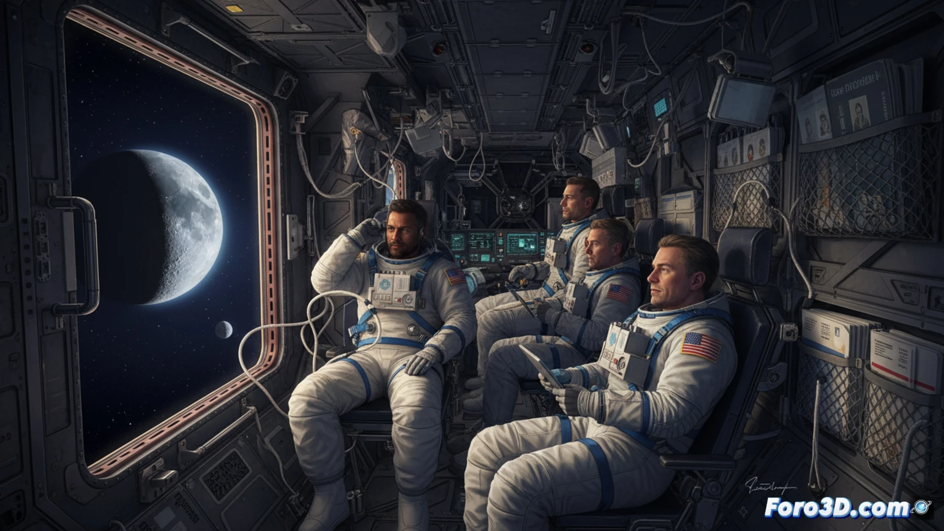 La cápsula Orion en vuelo, con la Luna brillante y la Tierra menguante a través de sus ventanas.