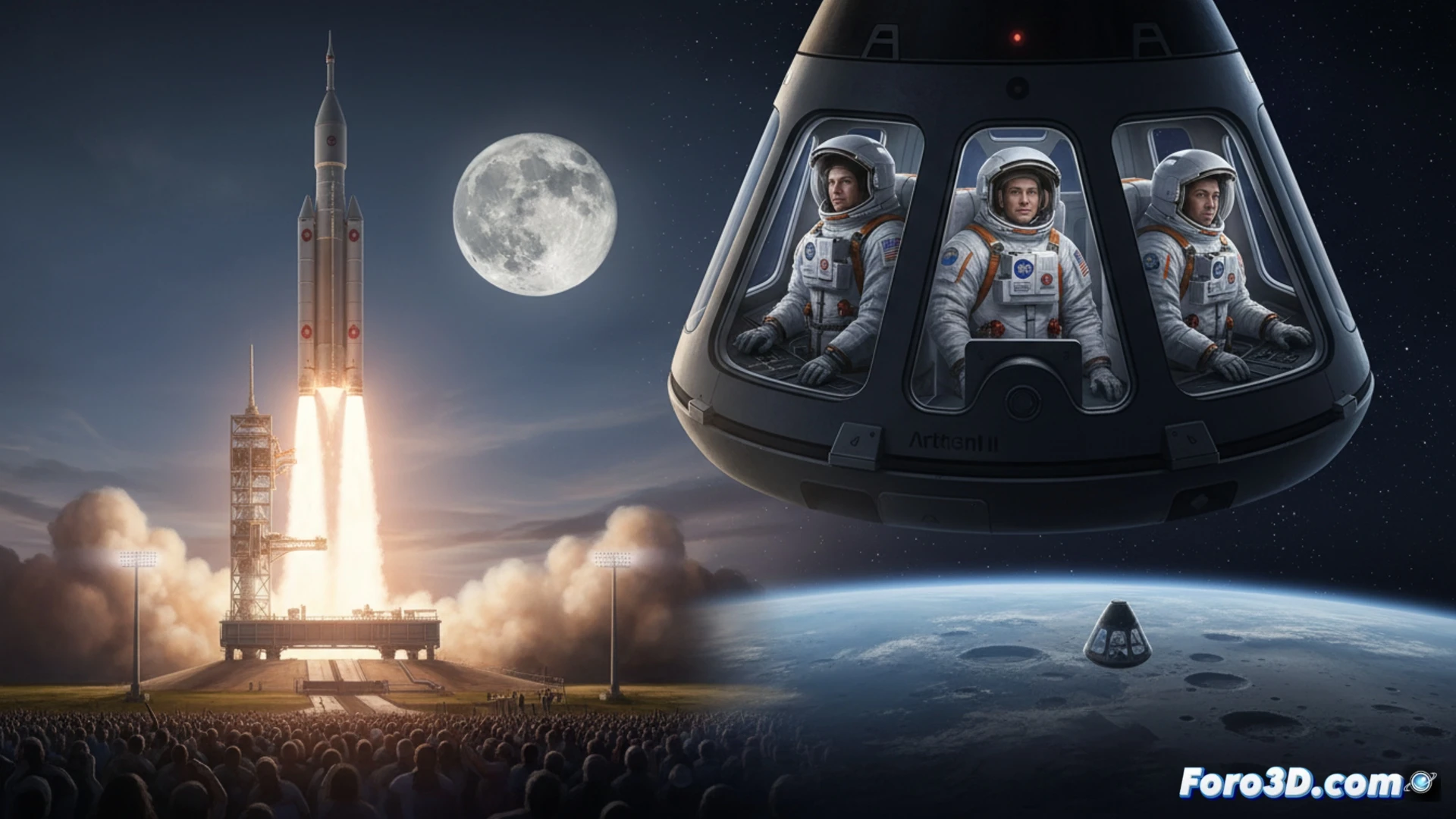 Representacion 3D de la nave Orion en trayectoria lunar, con visualizacion de datos de telemetria y el modulo de servicio.