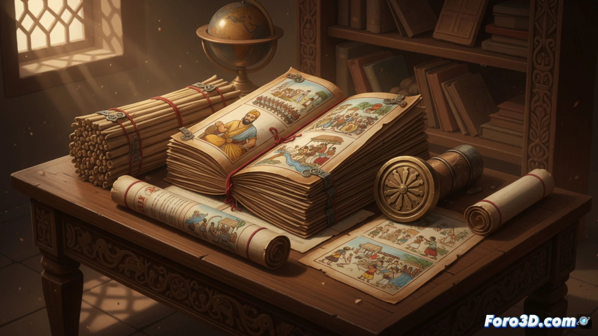 Mapa 3D de rutas comerciales y reinos en la antigua India, inspirado en los conceptos del Arthashastra.