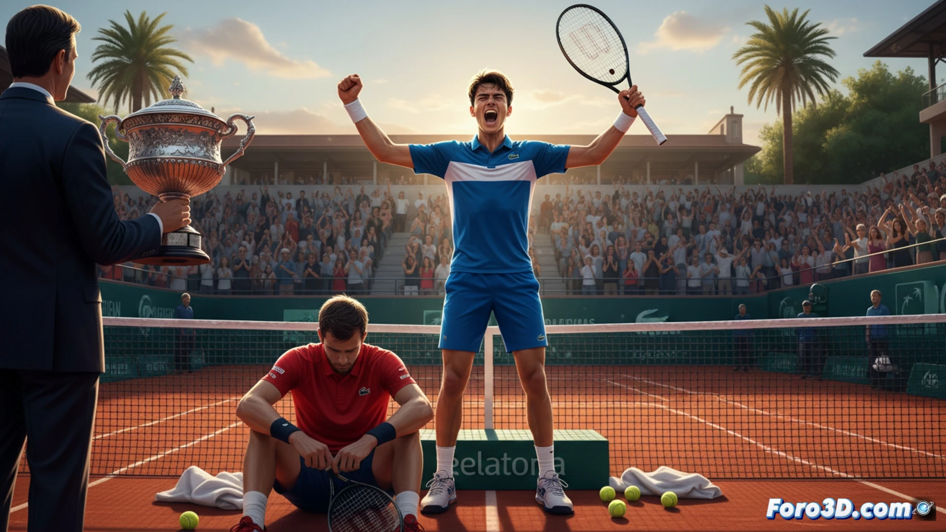 Arthur Fils celebra su título en la pista de tierra batida, mientras Andrey Rublev, visiblemente frustrado, observa a lo lejos.