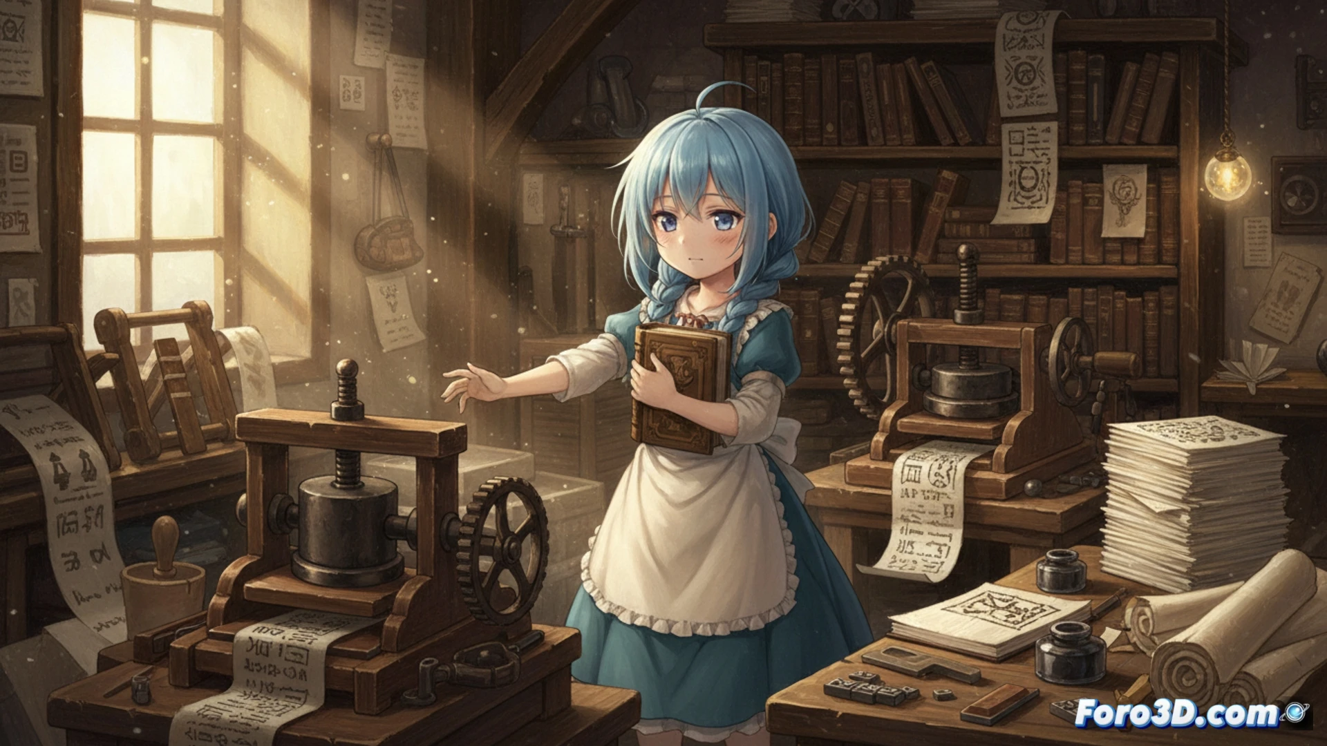 Una joven Myne, en ropas medievales, sonríe mientras sostiene con cuidado unas hojas de papel recién hechas en un taller rudimentario.