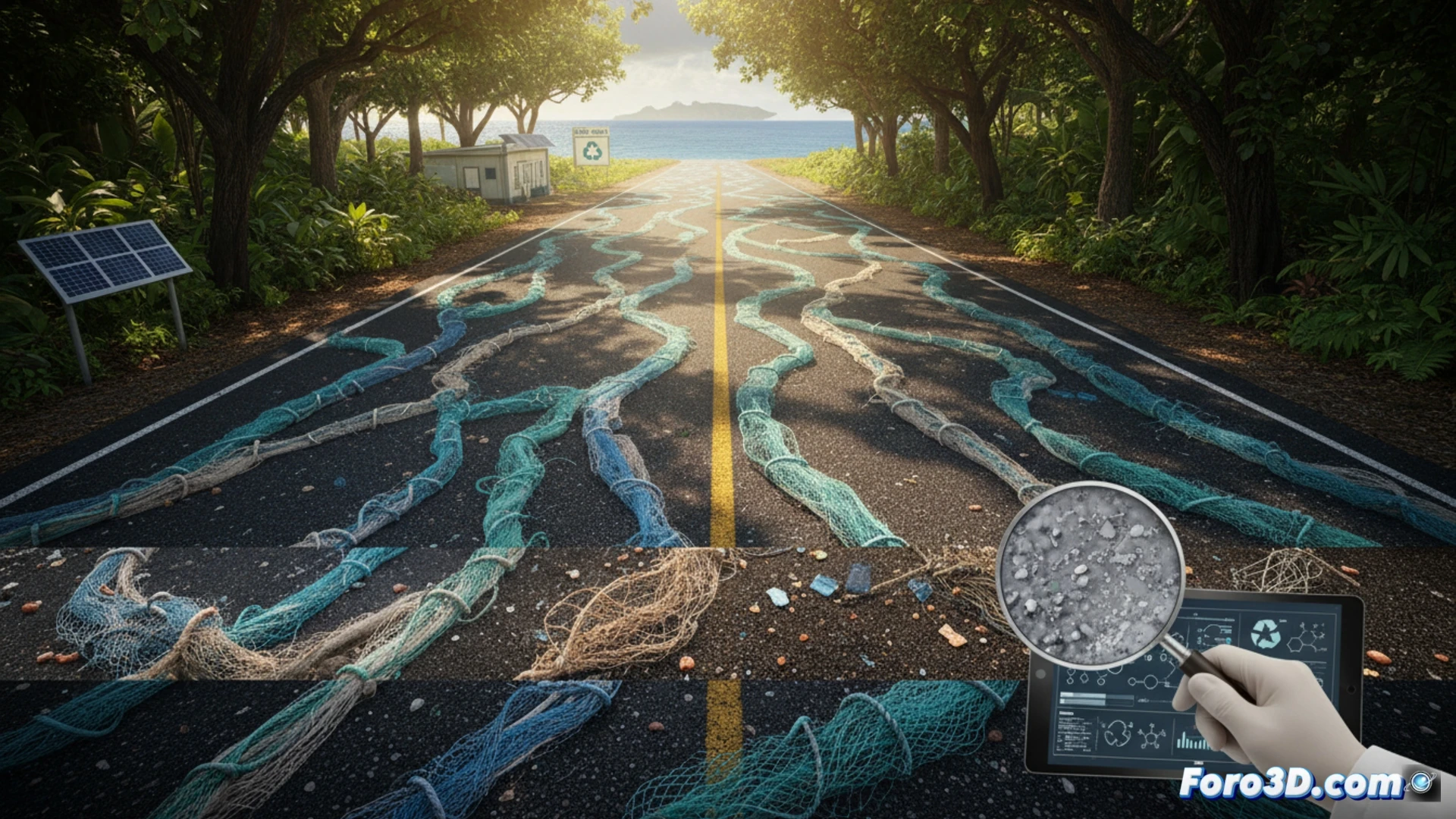 Asfalto gris con partículas brillantes de plástico reciclado de redes de pesca, en primer plano.