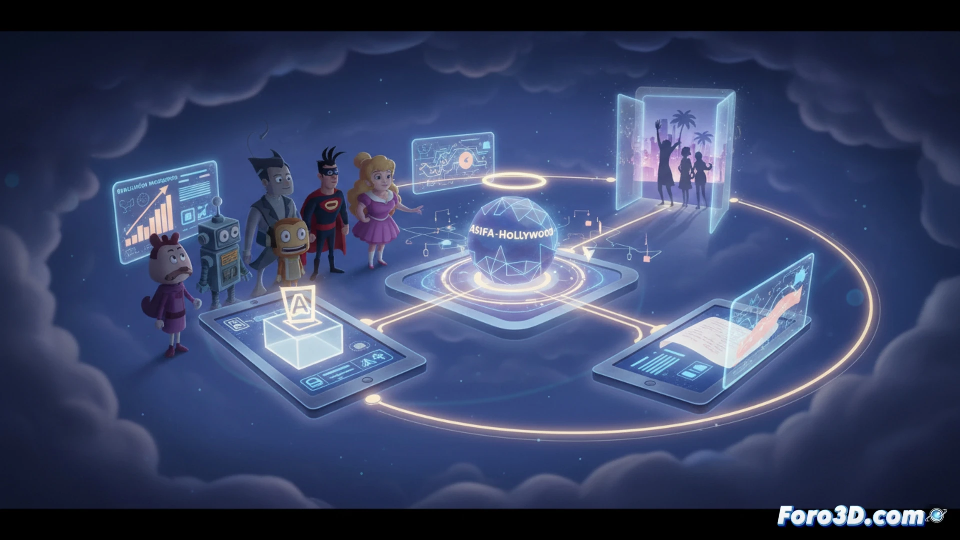 Un globo terráqueo iluminado con puntos de conexión digital, rodeado de iconos de animación, premiación y boletines virtuales.