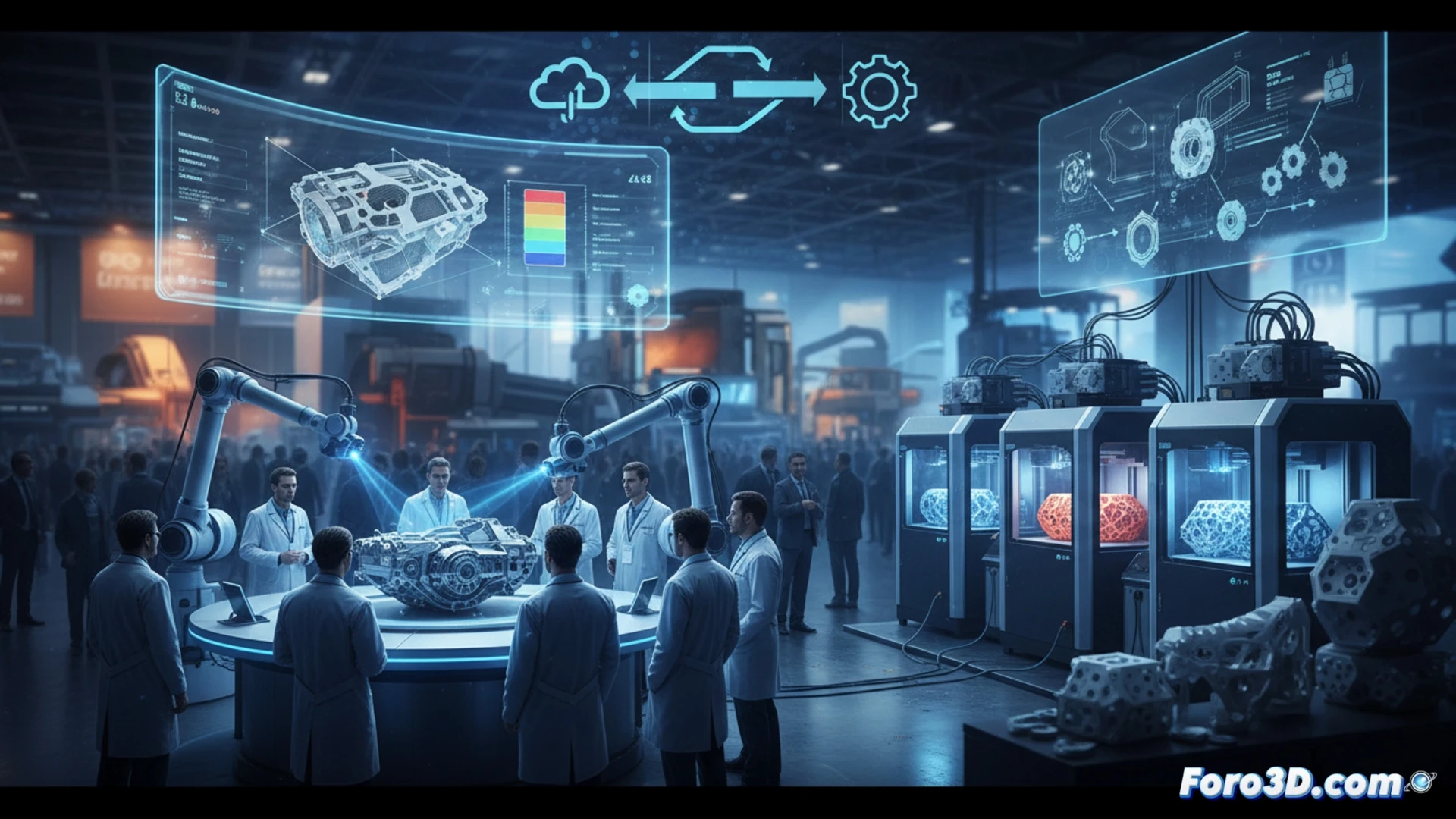 Un stand moderno muestra escaneo 3D y una impresora industrial, con gráficos de flujos de trabajo integrados.