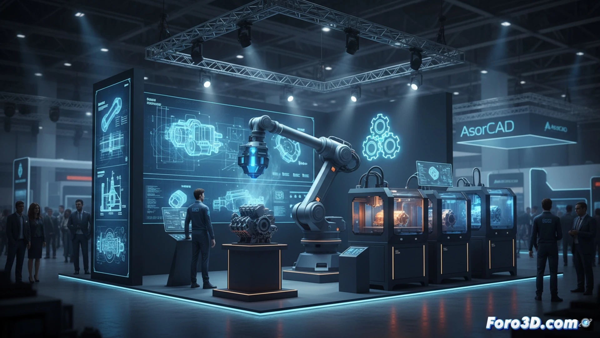 Stand de AsorCAD en Advanced Factories mostrando equipos de escaneo e impresión 3D industriales.