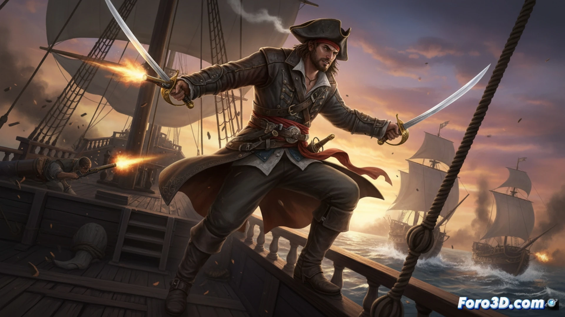 DESCRIPCIÓN: Edward Kenway en cubierta al atardecer, espada y pistola listas, velas desplegadas sobre un mar Caribe renovado con el motor Anvil.