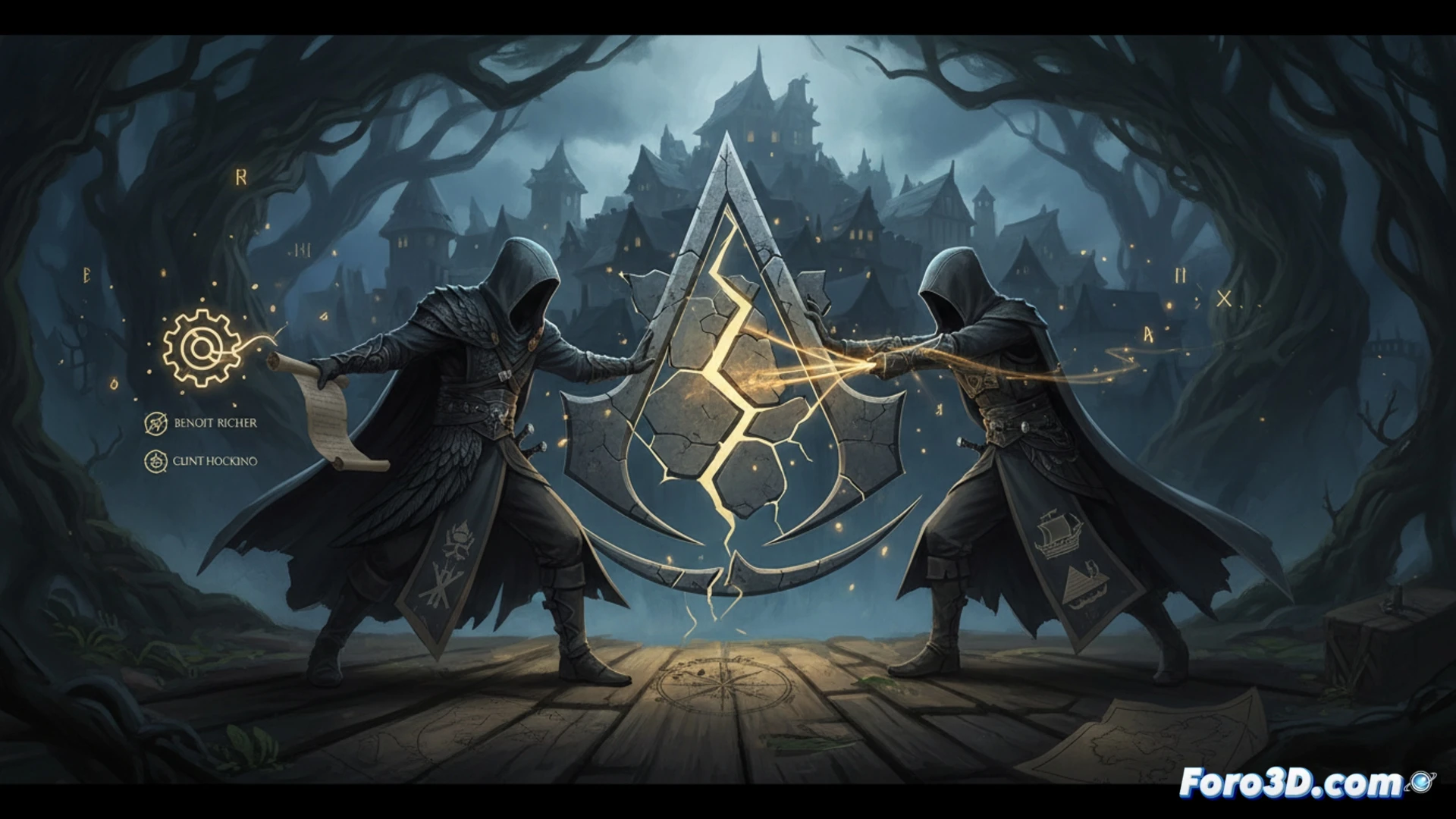 Un antiguo mapa de caza de brujas se rasga, con una pluma de cuervo sobre un bosque oscuro y tormentoso.