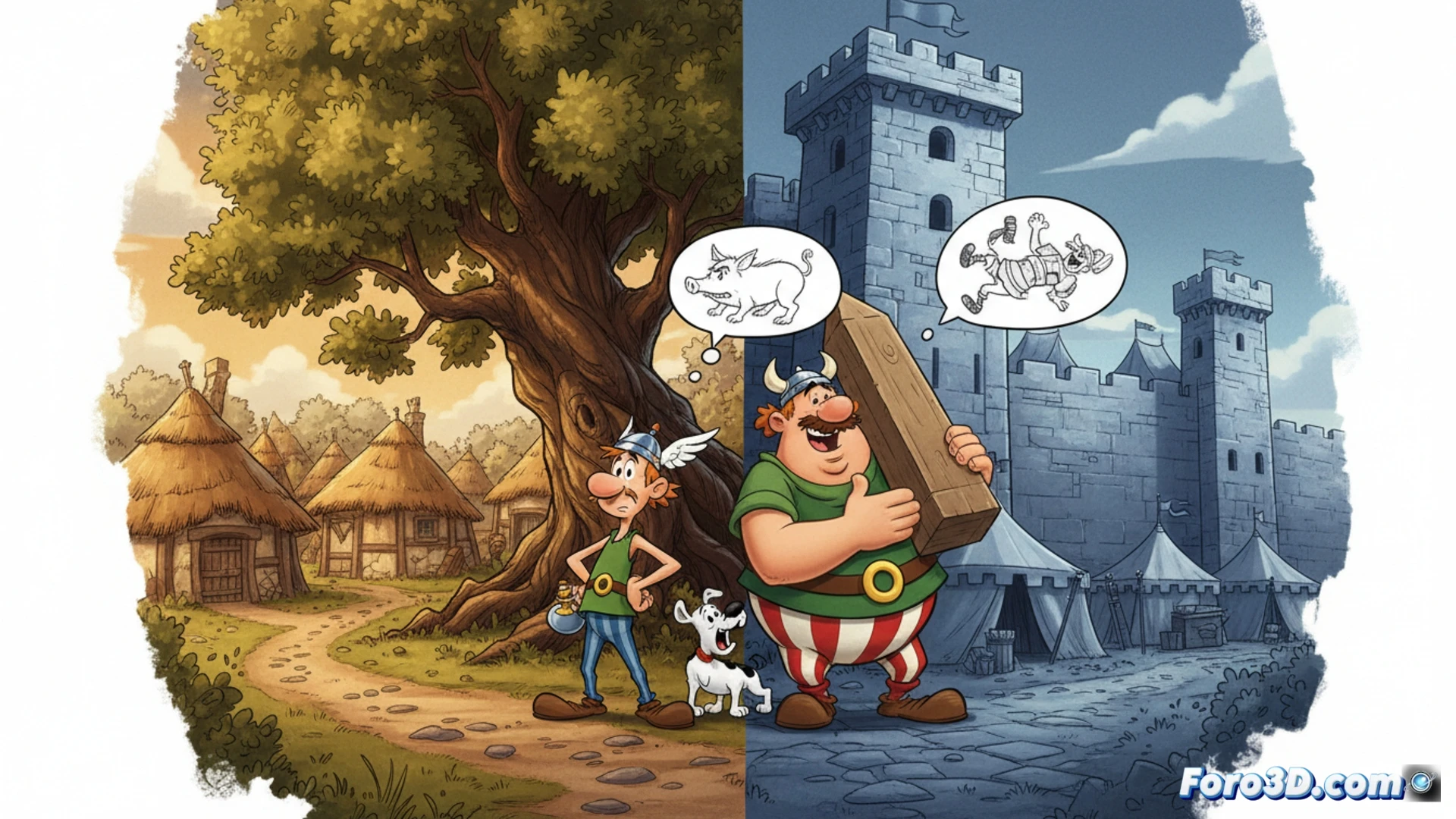 Imagen 3D de Asterix y Obelix con líneas de cómic y colores planos, en un estilo que fusiona CGI con el trazo original.