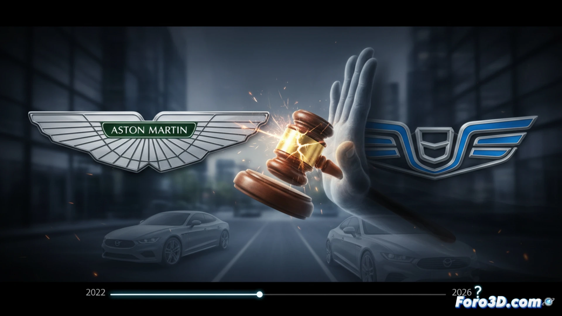 Una mano con guante sostiene un volante con el logo de Aston Martin, reflejado en un espejo como el ala disputada de Geely.