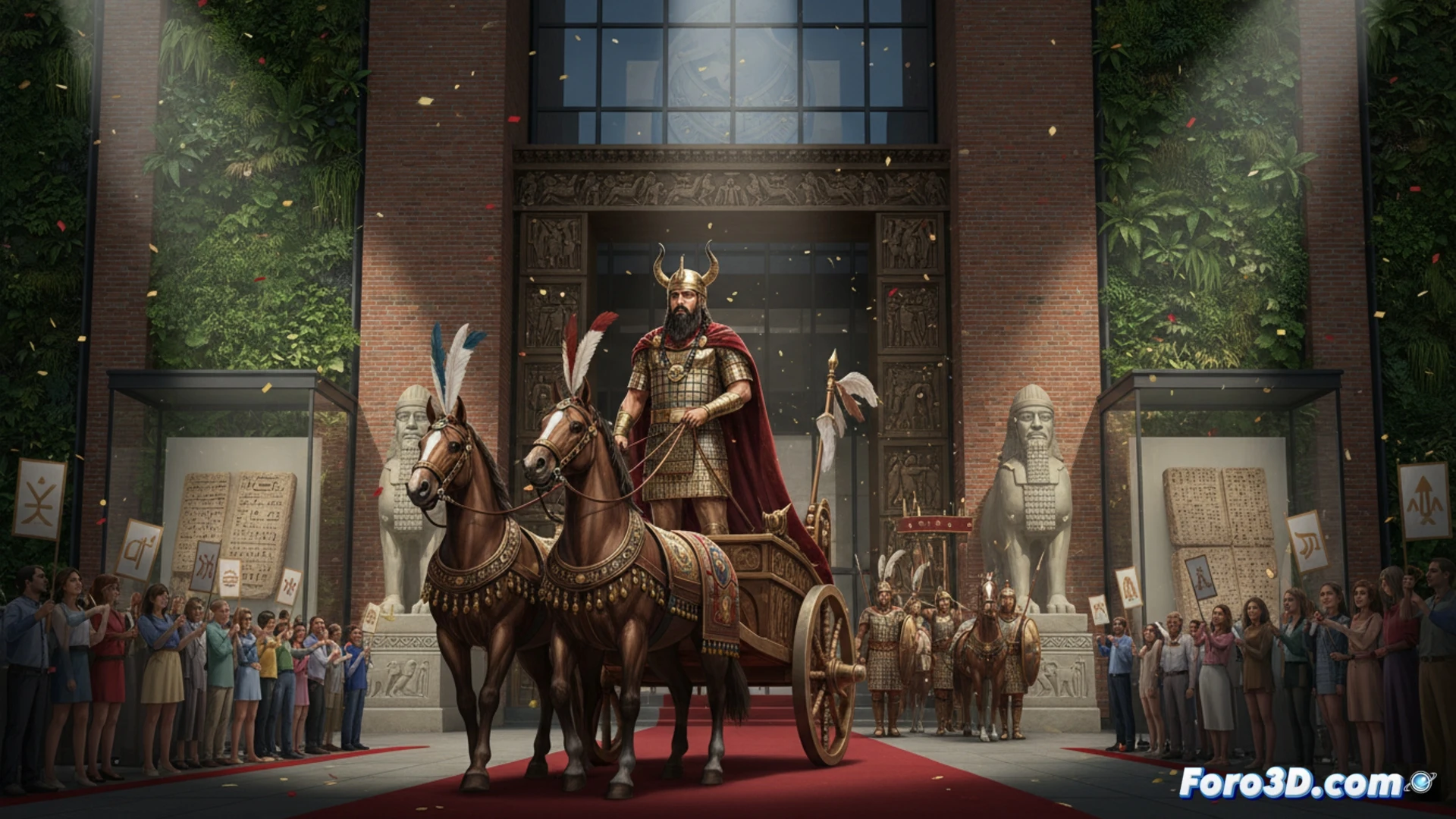 Un rey asirio guerrero y erudito, rodeado de tablillas cuneiformes y relieves de caza, en su palacio de Nínive.