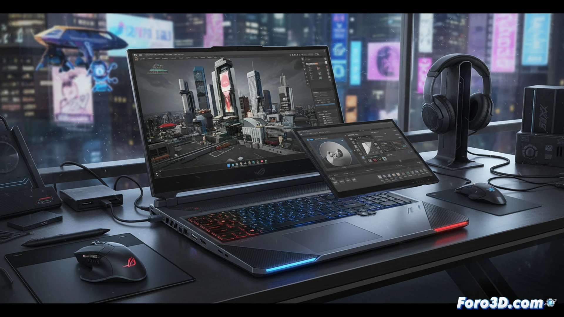 ASUS ROG Zephyrus Duo 2026 abierto con doble pantalla sobre escritorio con fondo oscuro