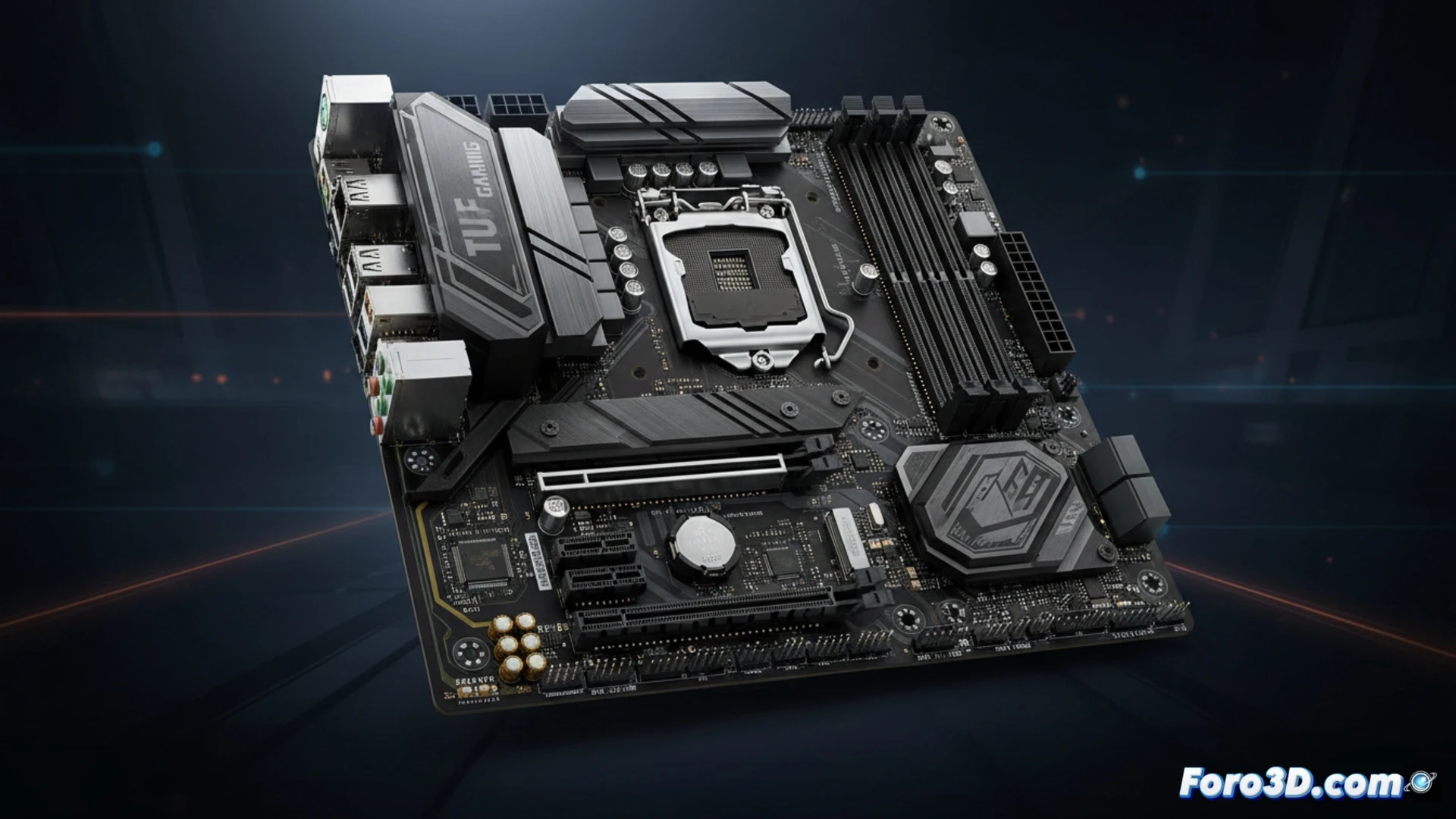 Placa base ASUS TUF B850I WIFI NEO, formato Mini-ITX, sobre fondo de una estación de trabajo 3D compacta.