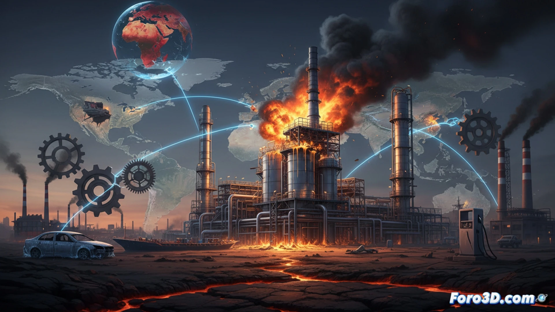 Modelo 3D del complejo petroquímico de Asaluyé mostrando daños tras el ataque, con líneas de suministro global interrumpidas.