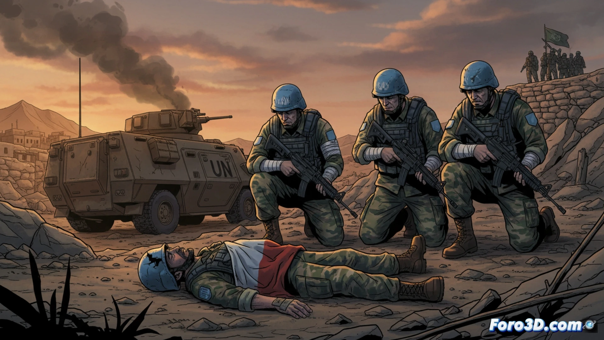 Un convoy blindado de UNIFIL dañado en un camino polvoriento del sur de Líbano, humo y soldados atendiendo heridos.