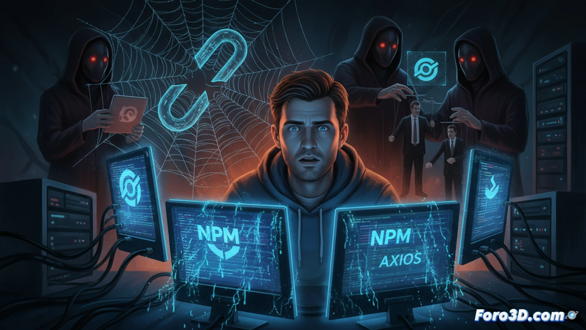 Un desarrollador frente a su editor de código, con una ventana de npm abierta. Un avatar sombrío (UNC1069) envía un mensaje de phishing, mientras el logo de Axios se corrompe en segundo plano.