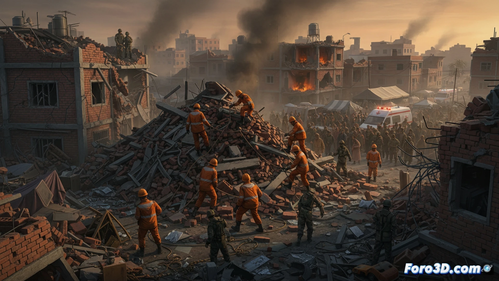 Imagen de edificios residenciales destruidos por bombardeos, con equipos de rescate trabajando entre escombros bajo un cielo polvoriento.