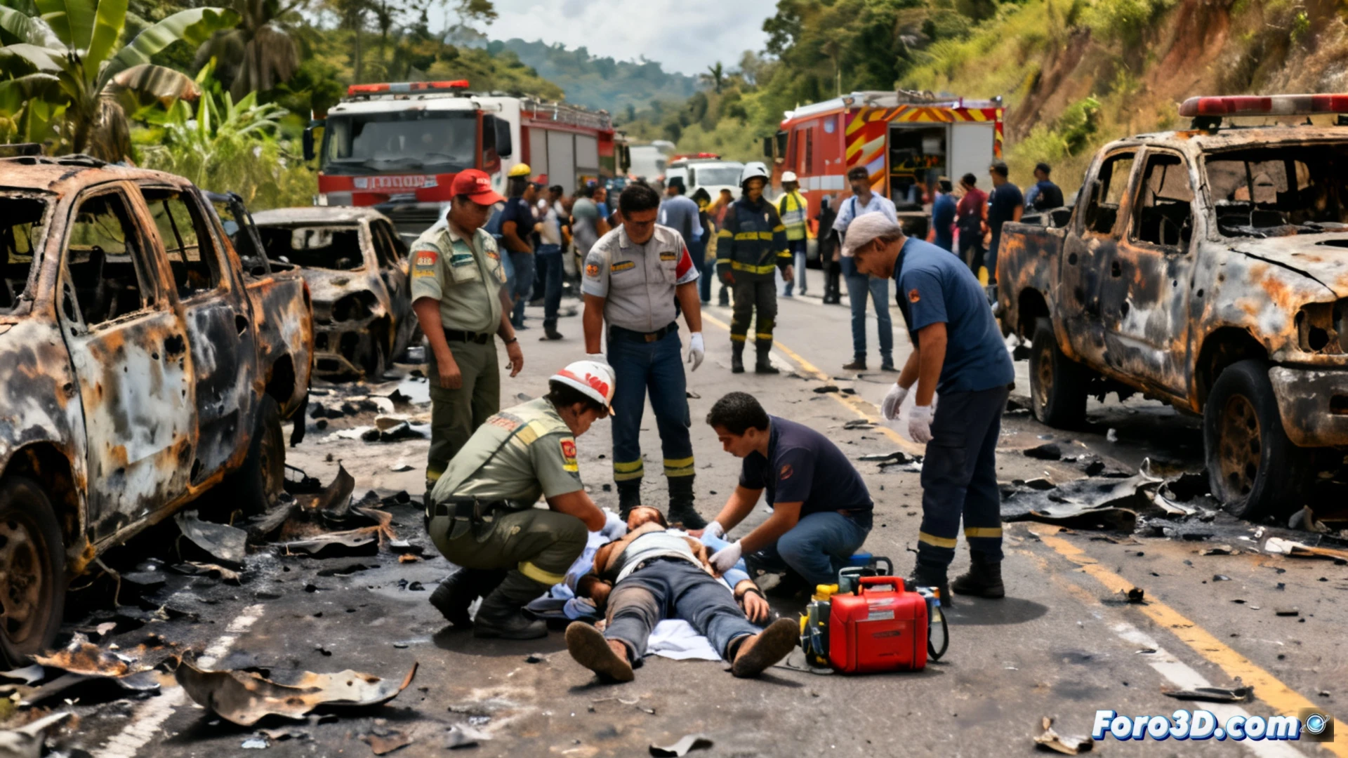 Una carretera colombiana destrozada, con humo y escombros; ambulancias y civiles heridos entre la maleza.