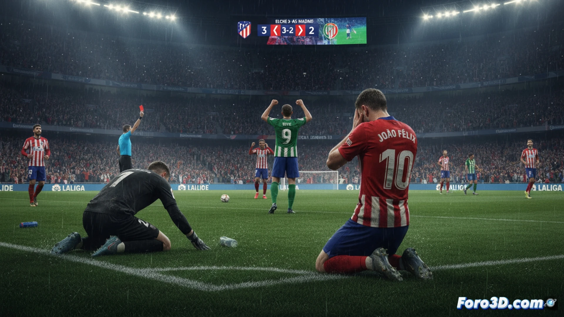 Un jugador del Atlético, cabizbajo, ante la celebración del Elche tras un gol en un campo lluvioso.