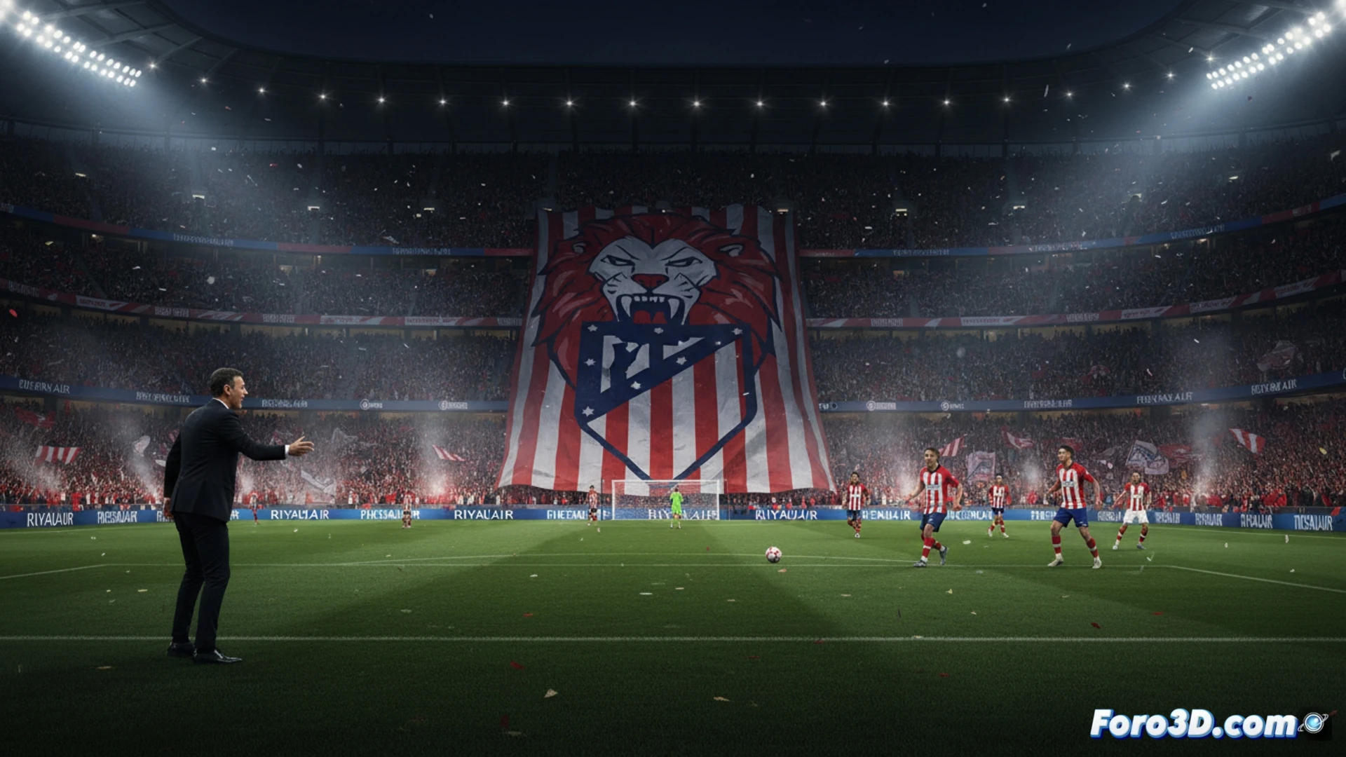 Descripción: El Riyadh Air Metropolitano abarrotado de aficionados del Atlético, con jugadores rojiblancos en presión alta ante el Arsenal, bajo luces intensas y un ambiente de semifinal de Champions.