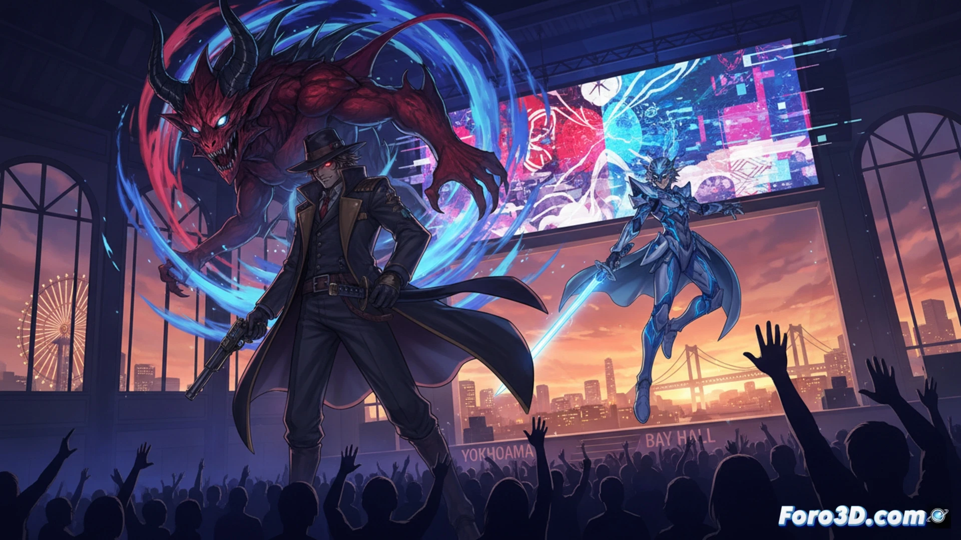 Un escenario iluminado fusiona el sombrero de Raidou Kuzunoha con el logo de SMT V, evocando misterio y caos.