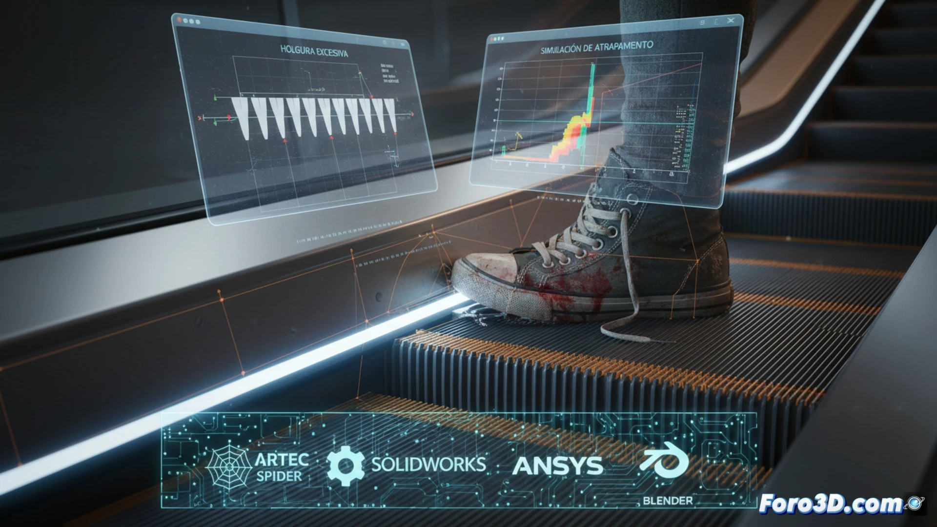 Escena de accidente infantil en escalera mecanica con escaneo 3D forense y analisis de peine y holgura