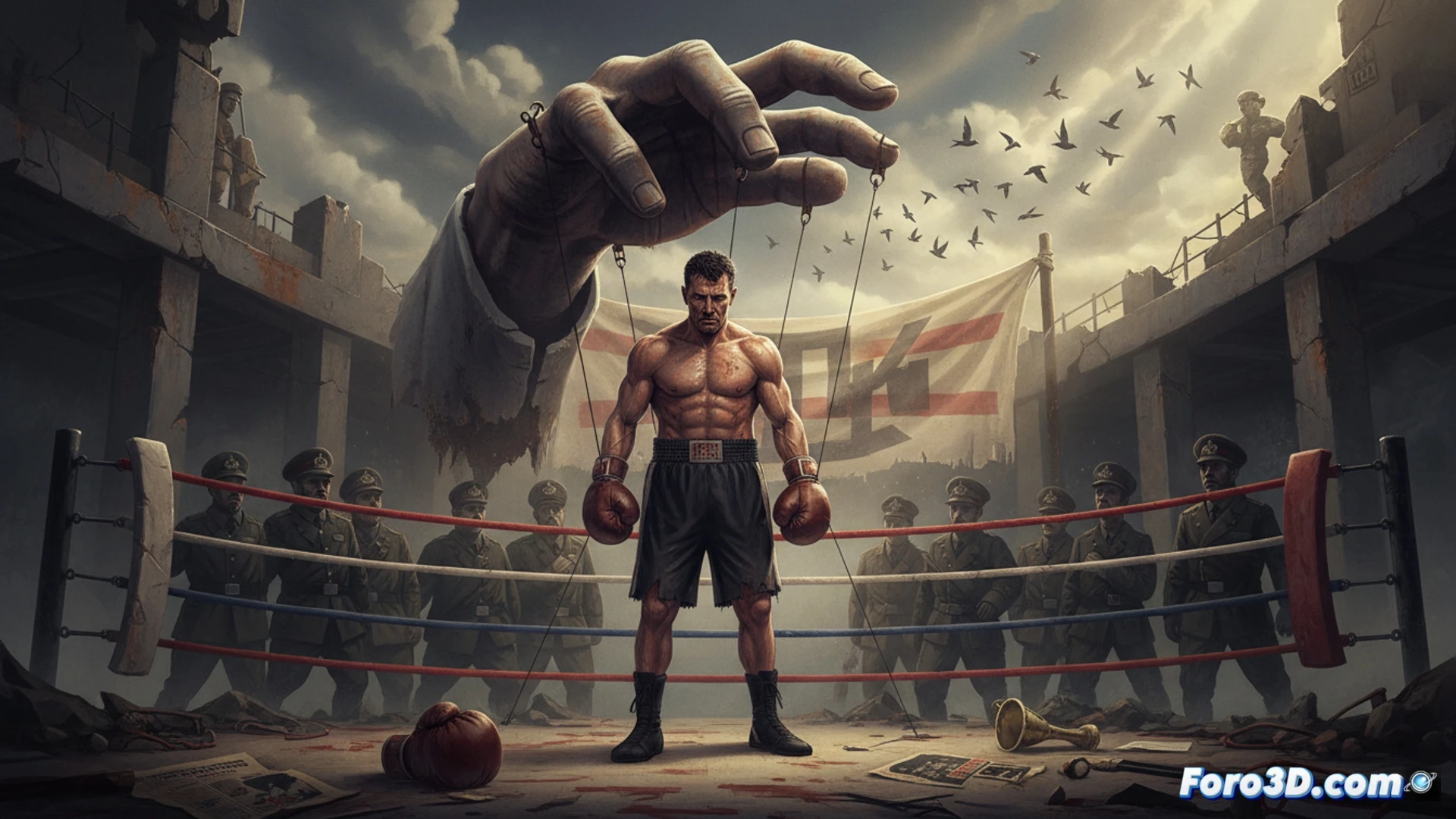 Un boxeador con los rasgos de Urtain, desdibujado tras un cartel de propaganda franquista.