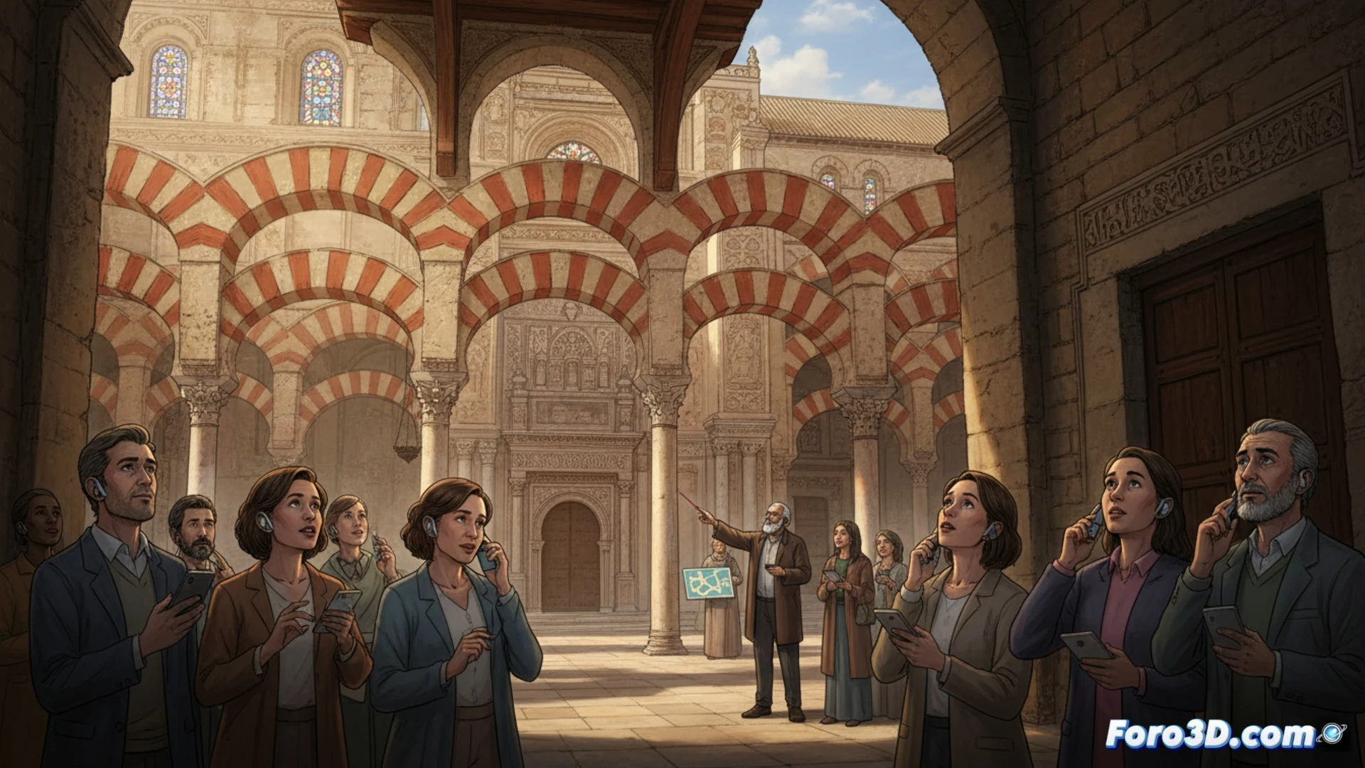 Un visitante sostiene un móvil con auriculares frente al arco de herradura de la Mezquita-Catedral, simbolizando la alternativa histórica.