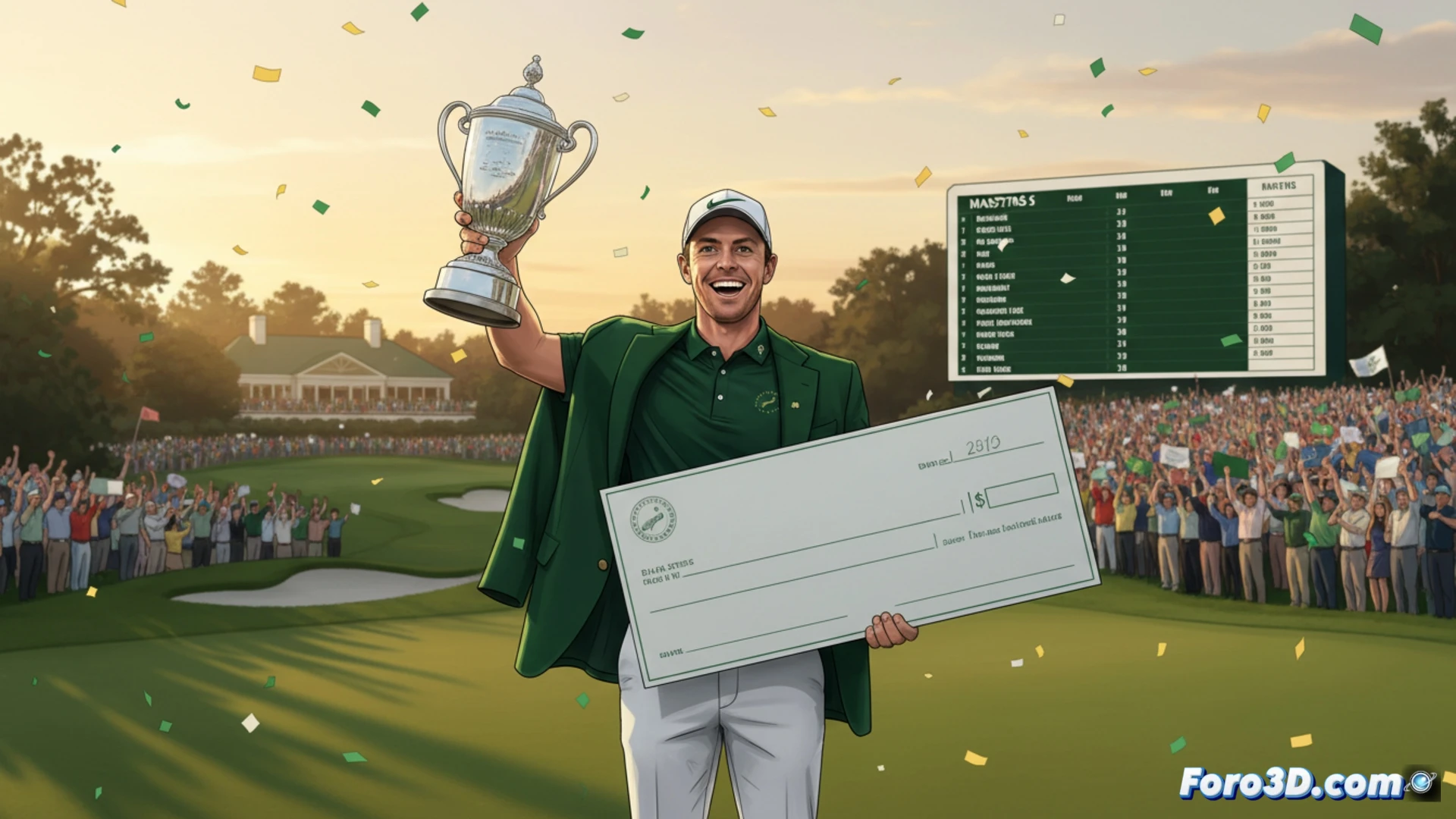 Rory McIlroy celebra su victoria en Augusta 2026, con un fondo que muestra el marcador de premios récord.